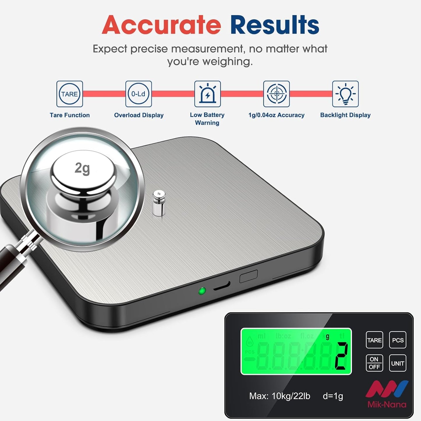 Mik-Nana Food Scale, 22lb Digital Kitchen Scale with 7 Units LCD Display & Tare Function, Stainless Steel Weight Grams and Ounces for Baking, Cooking and Meal Prep (Batteries Included)