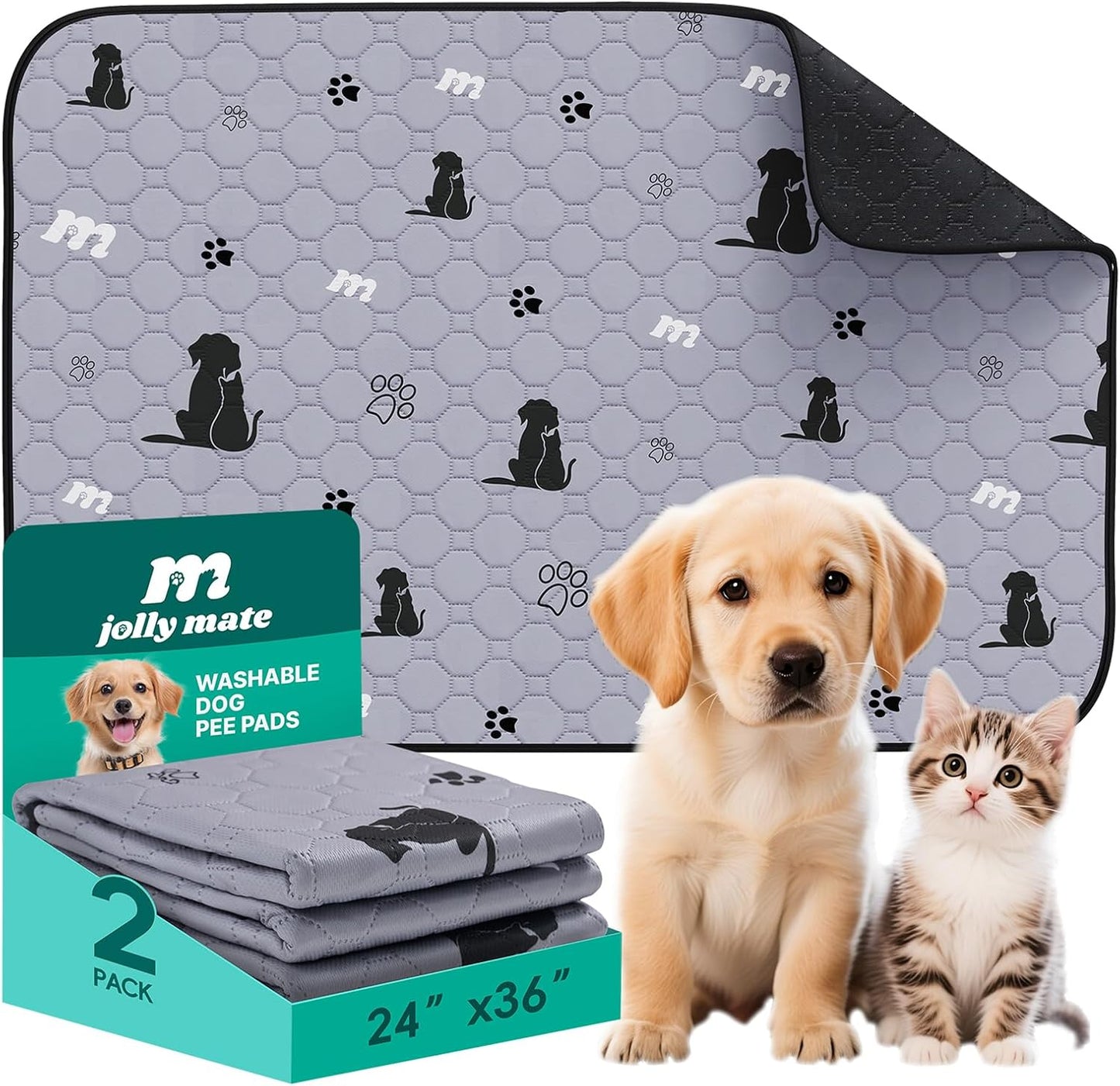 JollyMate 24"x36" Washable Pee Pads for Dogs, Ultra-Absorbent and Leak-Proof Reusable Pee Pads, Non-Slip Reusable Puppy Pads, Waterproof Dog Pee Pads, 2 Pack