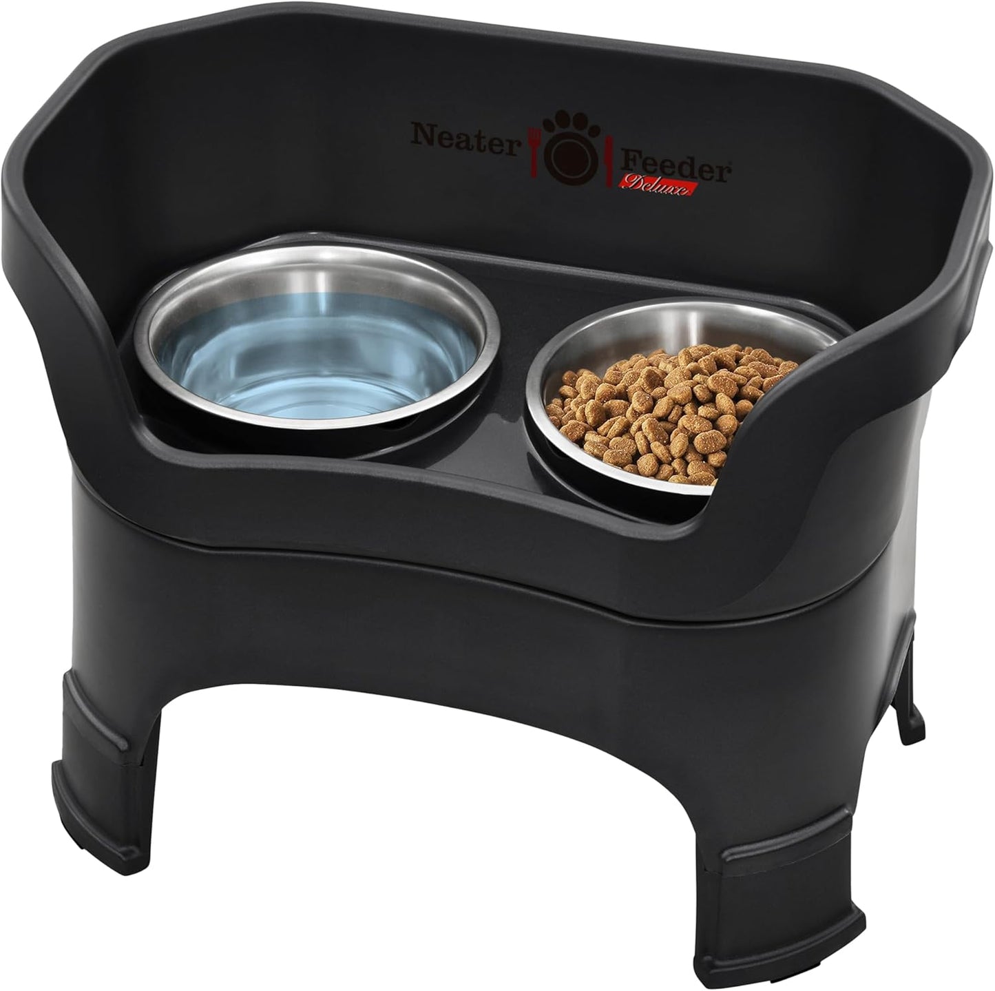 Neater Feeder Deluxe Mess-Proof Elevated Dog Bowls for Large Dogs (40+ lbs), 2 Height Adjustable (14.5” & 17.5”) No-Spill Raised Dog Bowl Stand, Stainless Steel Food Bowl Set, Made in USA, Black