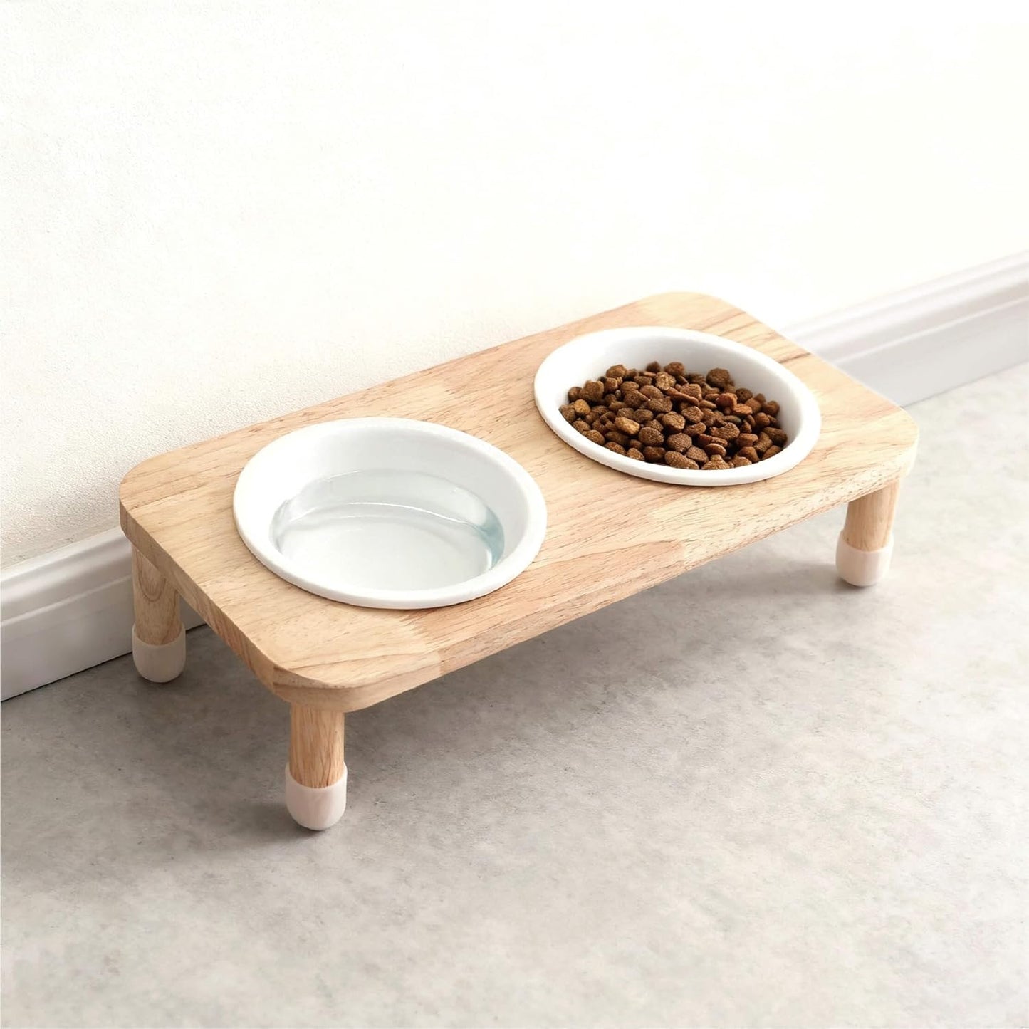 11.8 oz Elevated Ceramic Double Cat Bowl Set - Modern Lead-Free Feeder with Natural Oak Wood Stand (Oak Stand & 2 White Bowls)