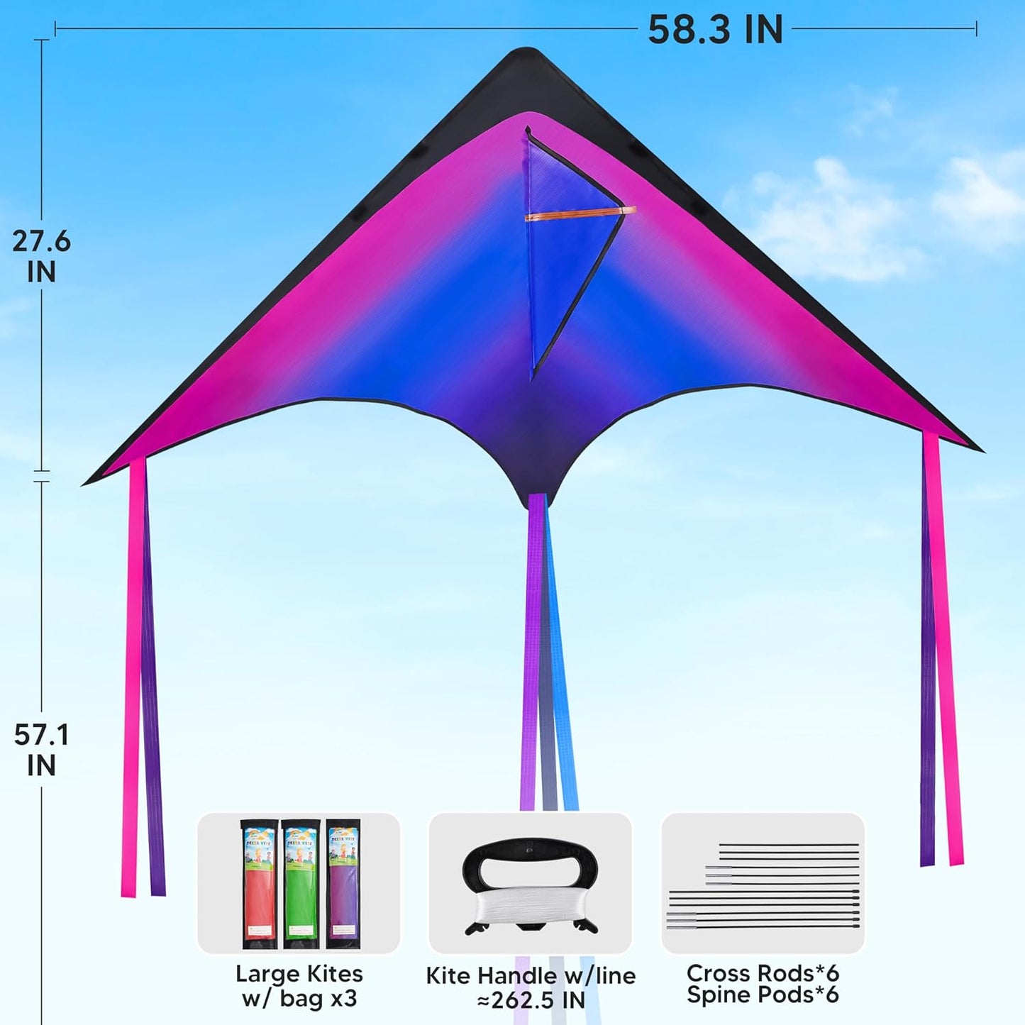 JOYIN 3 Packs Large Delta Kite Gradient Rainbow, Easy to Fly Huge for Kids and Adults, Large Delta Beach Kite for Outdoor Games and Activities