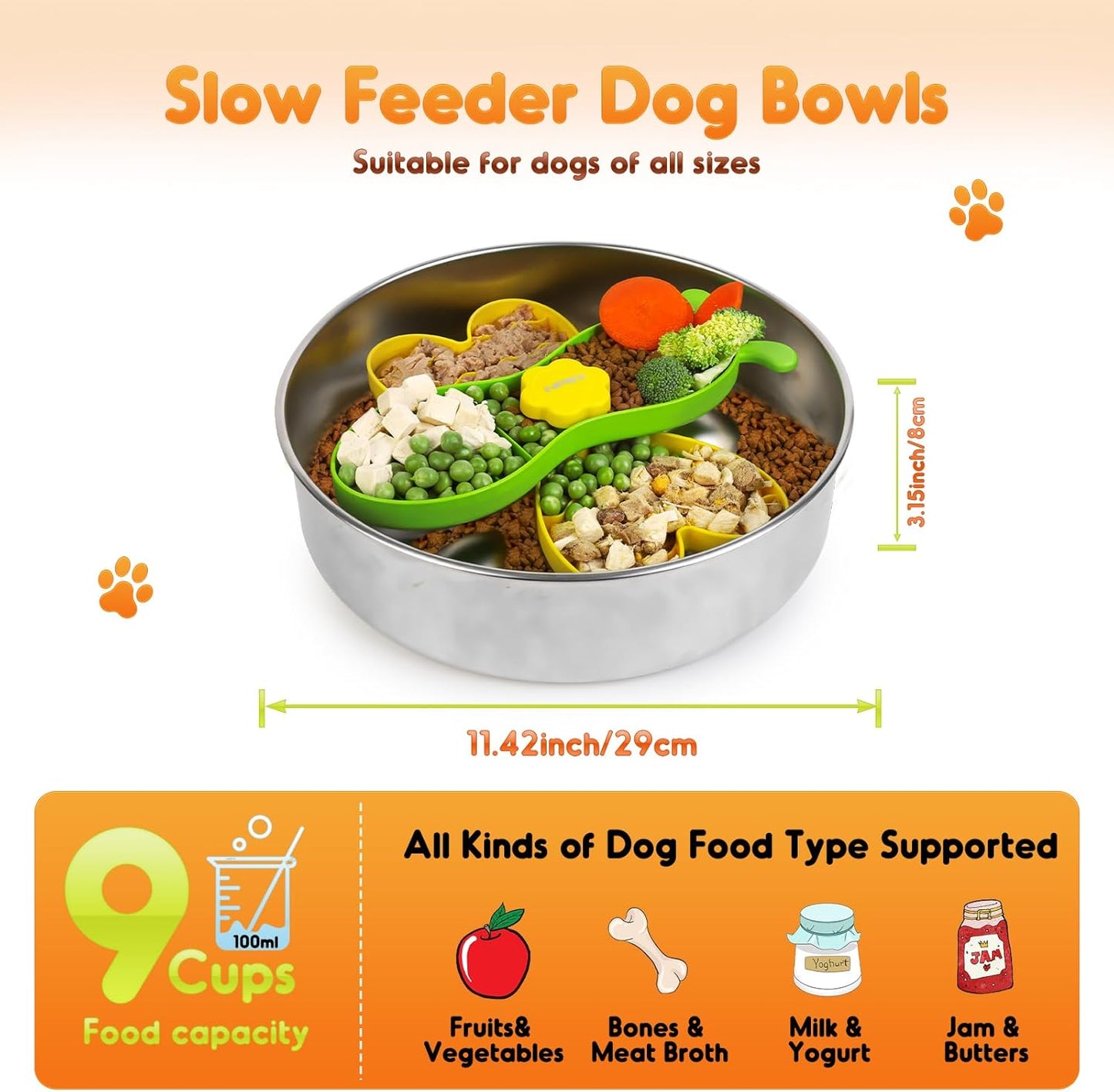 NPET Slow Feeder Dog Bowls for Large Dogs, Stainless Steel Pet Bowls Suitable for Dry, Wet, and Raw Food, Detachable Puzzle Toy for Food Training