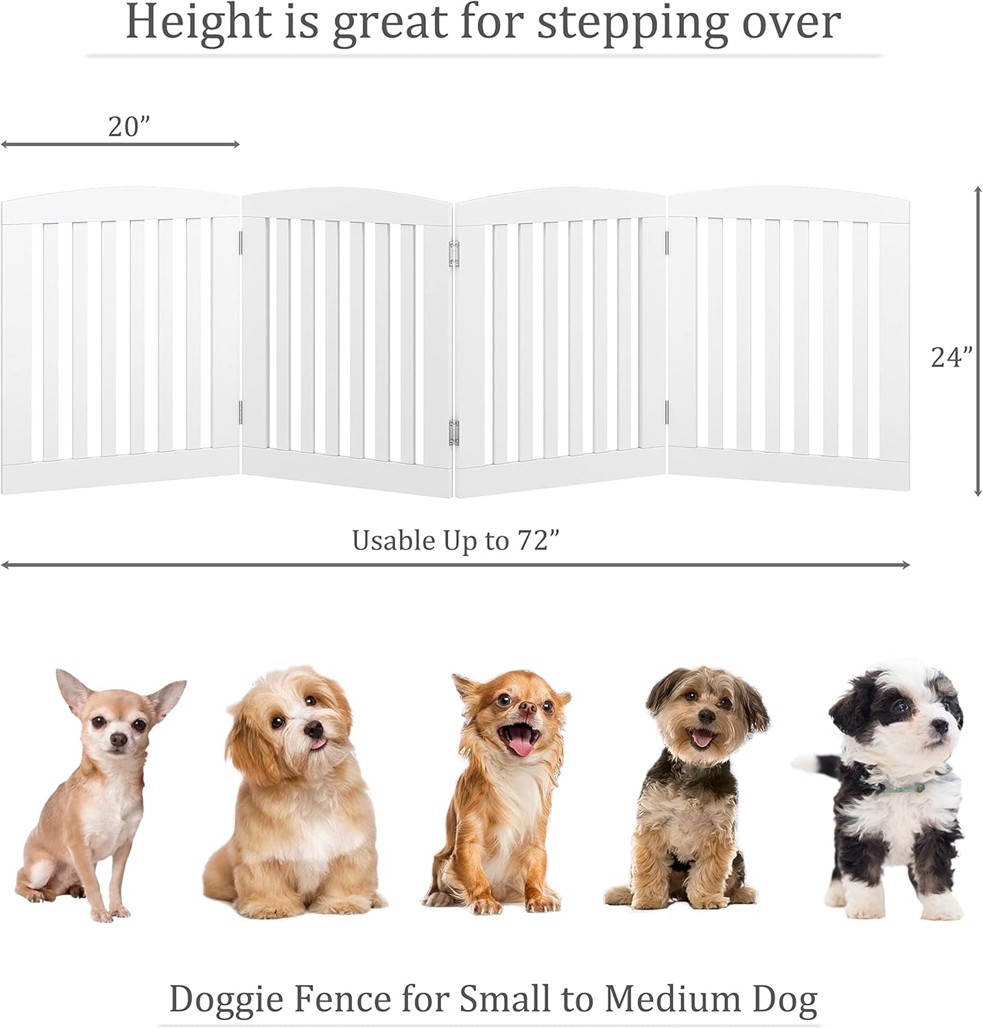 PAWLAND Wooden Freestanding Foldable Pet Gate for Dogs, 24 inch 4 Panels Step Over Fence, Dog Gate for The House, Doorway, Stairs, Extra Wide (White, 24" Height-4 Panels)