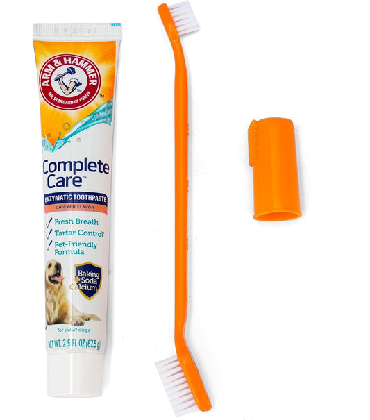 Arm & Hammer Complete Care Dog Dental Kit with Enzymatic Dog Toothpaste, Toothbrush and Finger Brush, Baking Soda and Calcium Formula for Plaque Tartar Control, Chicken Flavor, 2.5 Oz