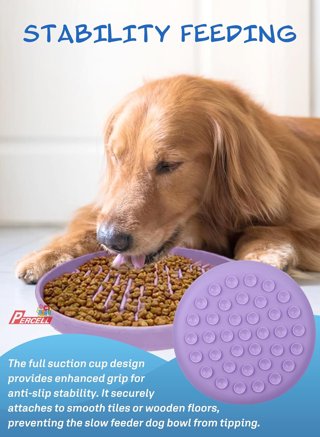 Slow Feeder Dog Bowl with Suction Cups - Non-Slip Silicone Strip Maze Design for Dogs (Purple)