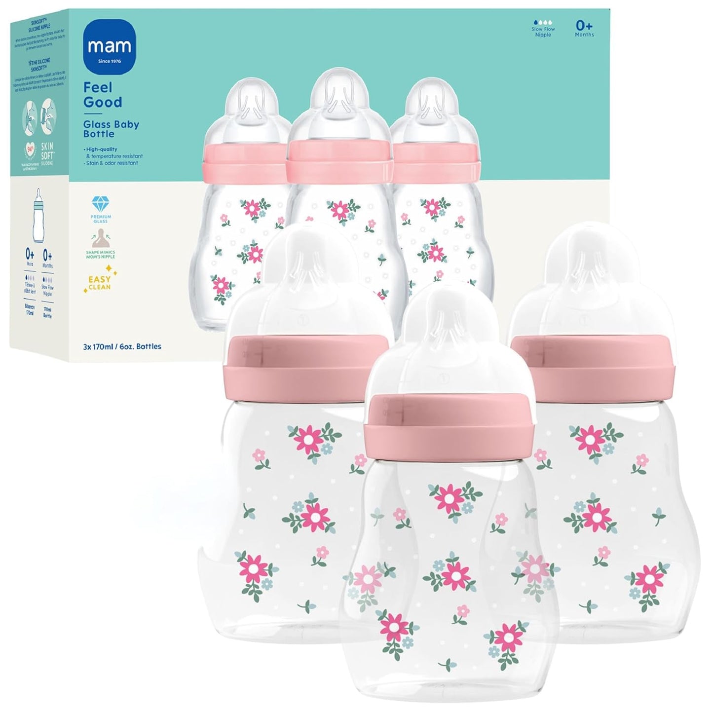MAM 6oz Premium Glass Wide Neck Baby Bottle with Slow Flow Breastfeeding-Like Silicone Nipple, Easy to Clean,BPA Free, 0+ Months, Easy Switch Between Breast and Bottle, Made in Europe, 3 Pack Girl