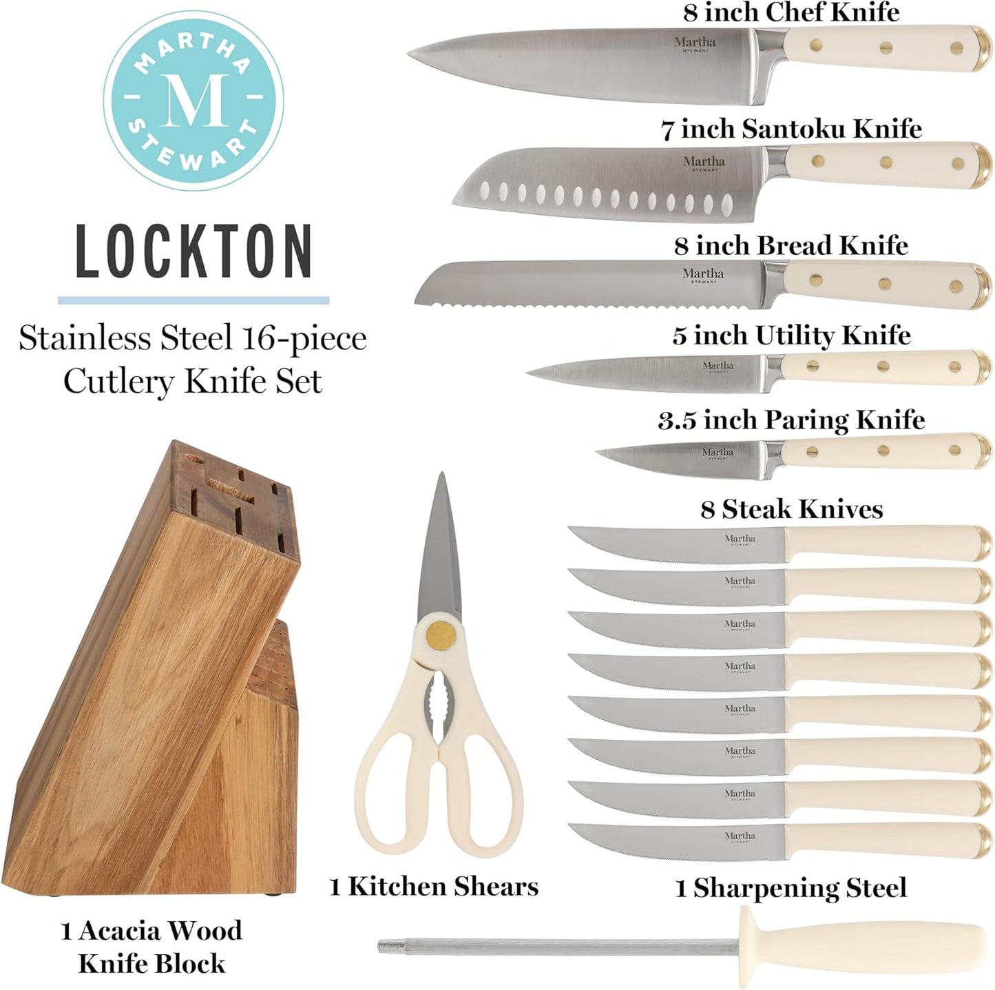 Martha Stewart 16 Piece Lockton High Carbon Stainless Steel Cutlery Kitchen Knife Block Set W/ABS Triple Riveted Forged Handle Acacia Wood Block - Linen White W/Gold