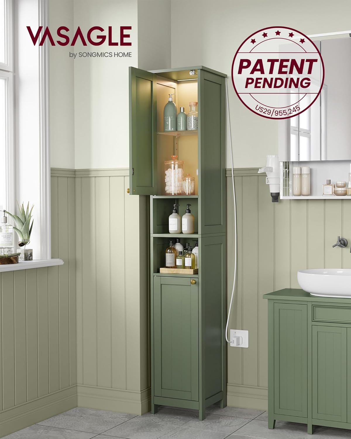 VASAGLE Tall Storage Cabinet with Lights, Slim Freestanding Cabinet with Adjustable Shelves, for Small Spaces, Bathroom, Living Room, Modern, 11.8 Inches Wide, Forest Green UBBC566C01