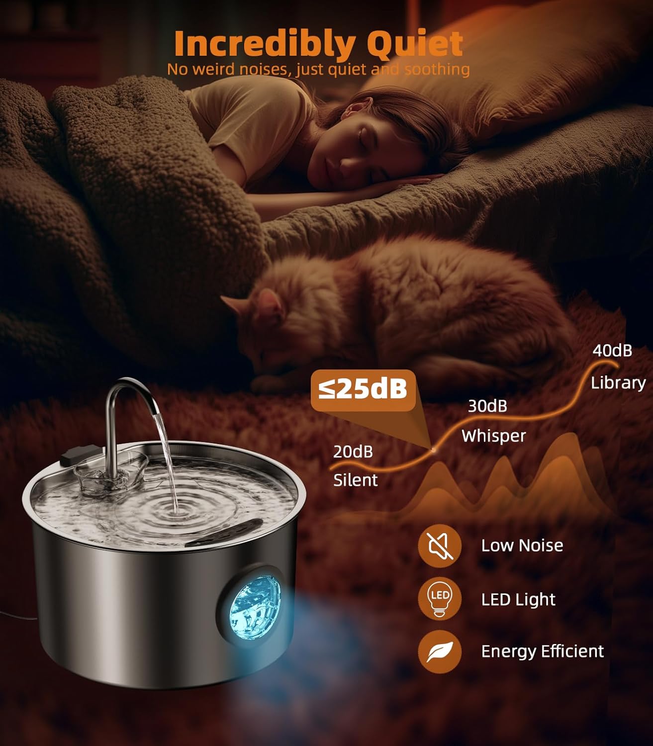 108oz/3.2L Stainless Steel Cat Water Fountain with Detachable Tank, Easy to Clean & Assemble, Pet Drinking Dispenser with Quiet Operation & LED Light, Gifts for Cats, Dogs and Small Pets