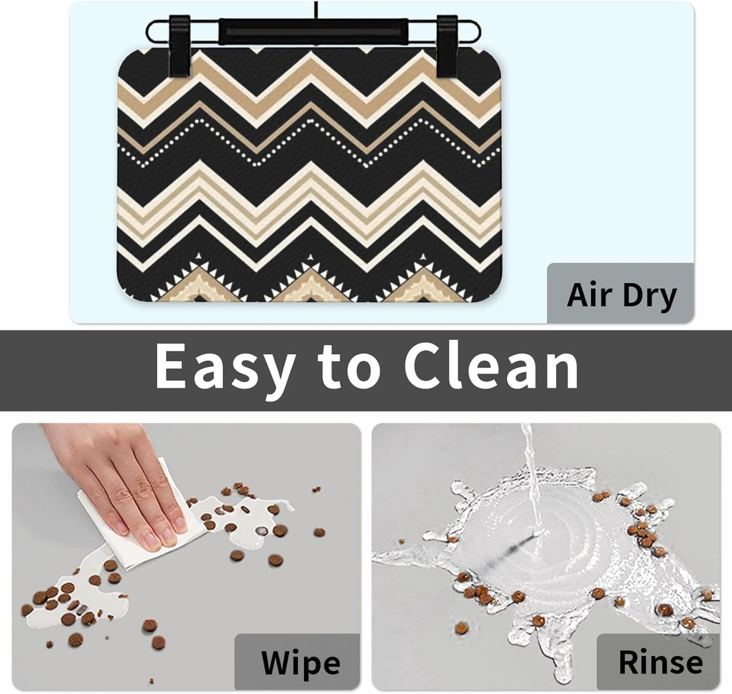 Black White Tan Zigzag Pet Feeding Mat 40x60cm Absorbent Leather Dog Cat Food Mats Non-Slip Dog Bowl Mats for Food and Water, Quick Dry Pets Placemats for Cats and Dogs Water Bowl