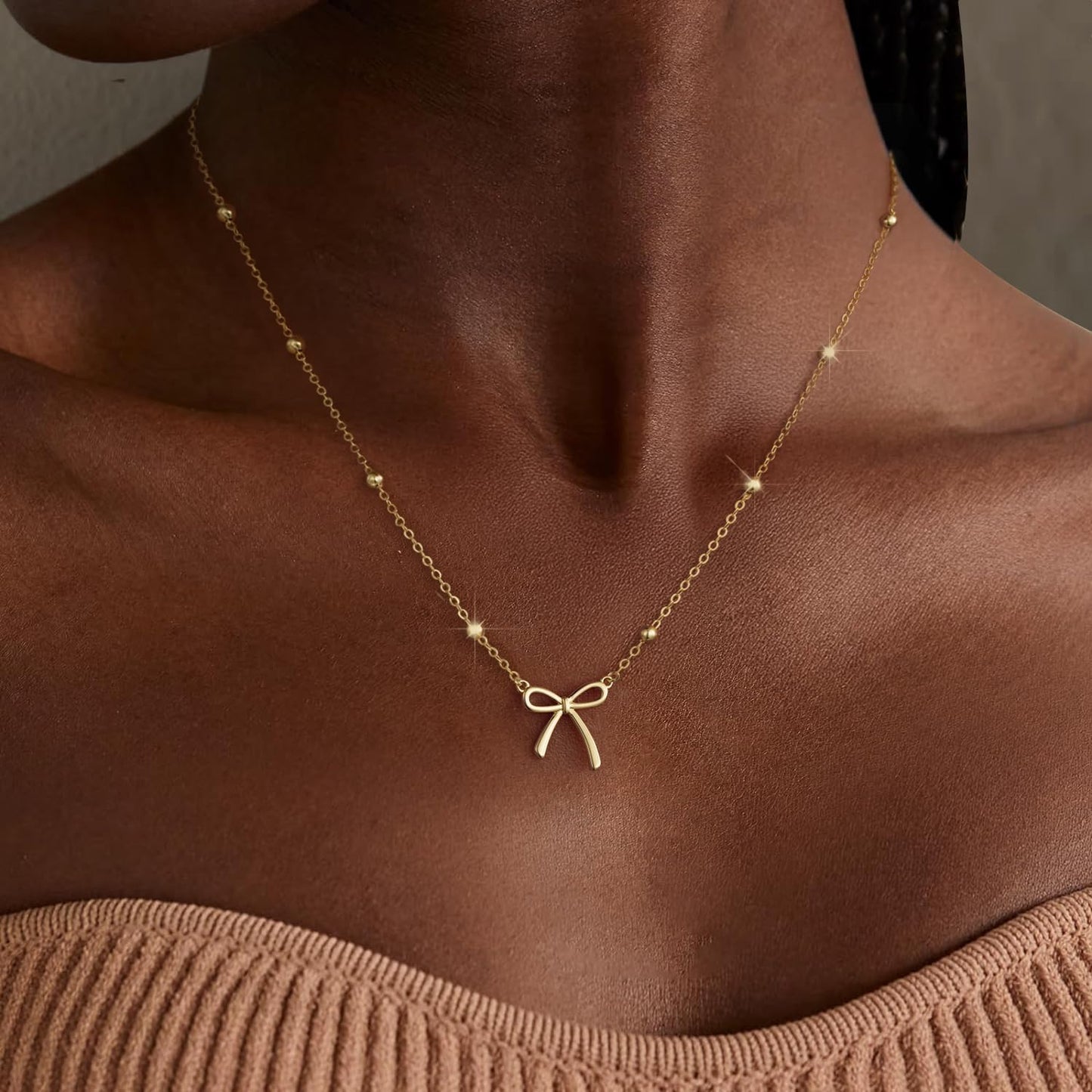 Easter Basket Stuffers - Dainty Bow Necklace for Women 14K Gold Plated Cute Choker Small Pendant Charm Necklaces Teen Gift Trendy Stuff Personalized Jewelry