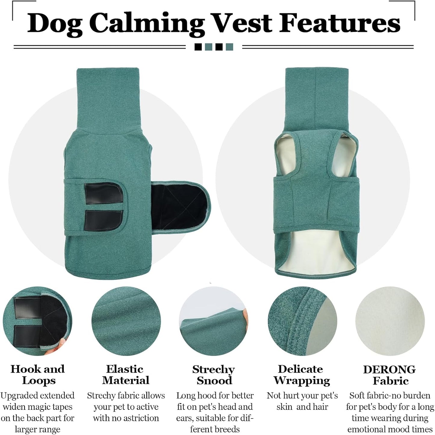 ROZKITCH Dog Anxiety Vest Calming Jacket with Hoodie Soft Dog Ears Cover, Warm Clothes with Ear Wrap for Fireworks Travel Vet Visit Separation Anxiety Relief, Calming Shirt Wrap Green XL