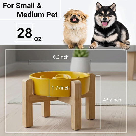 Petygooing Elevated Slow Feeder Ceramic Dog Bowls 8.26in, Slow Feeder Elevated Bowl for Small&Medium, Ceramic Slow Feeder Heavy Weighted Non-Toxic Non-Slip Puzzle Maze (Yellow, 8.26in)