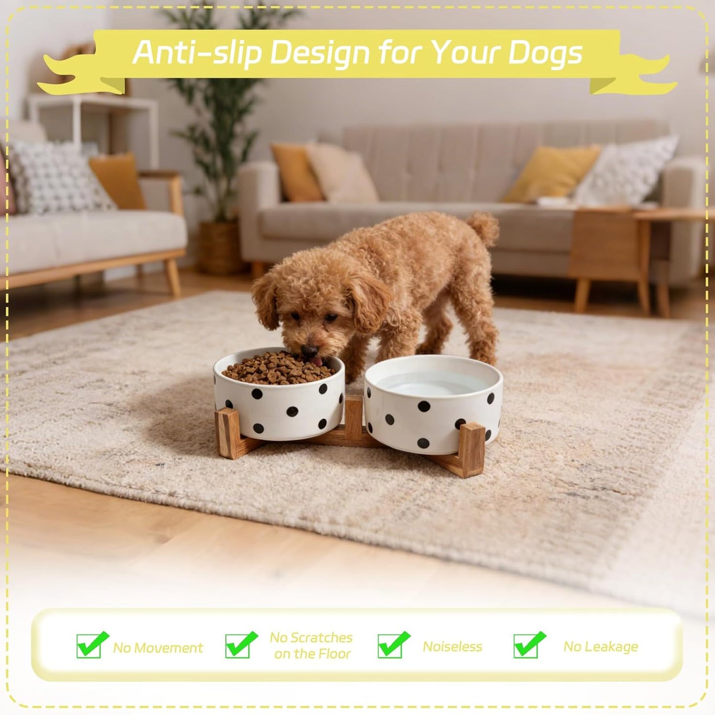 28.74 OZ Elevated Ceramic Dog Bowl Set with Acacia Wood Stand - 3.6 Cup Cat Food Bowl Raised Pet Dish Modern Indoor Water Basic Bowls for Puppies - 850 ML (Double Bowl with Stand - White)