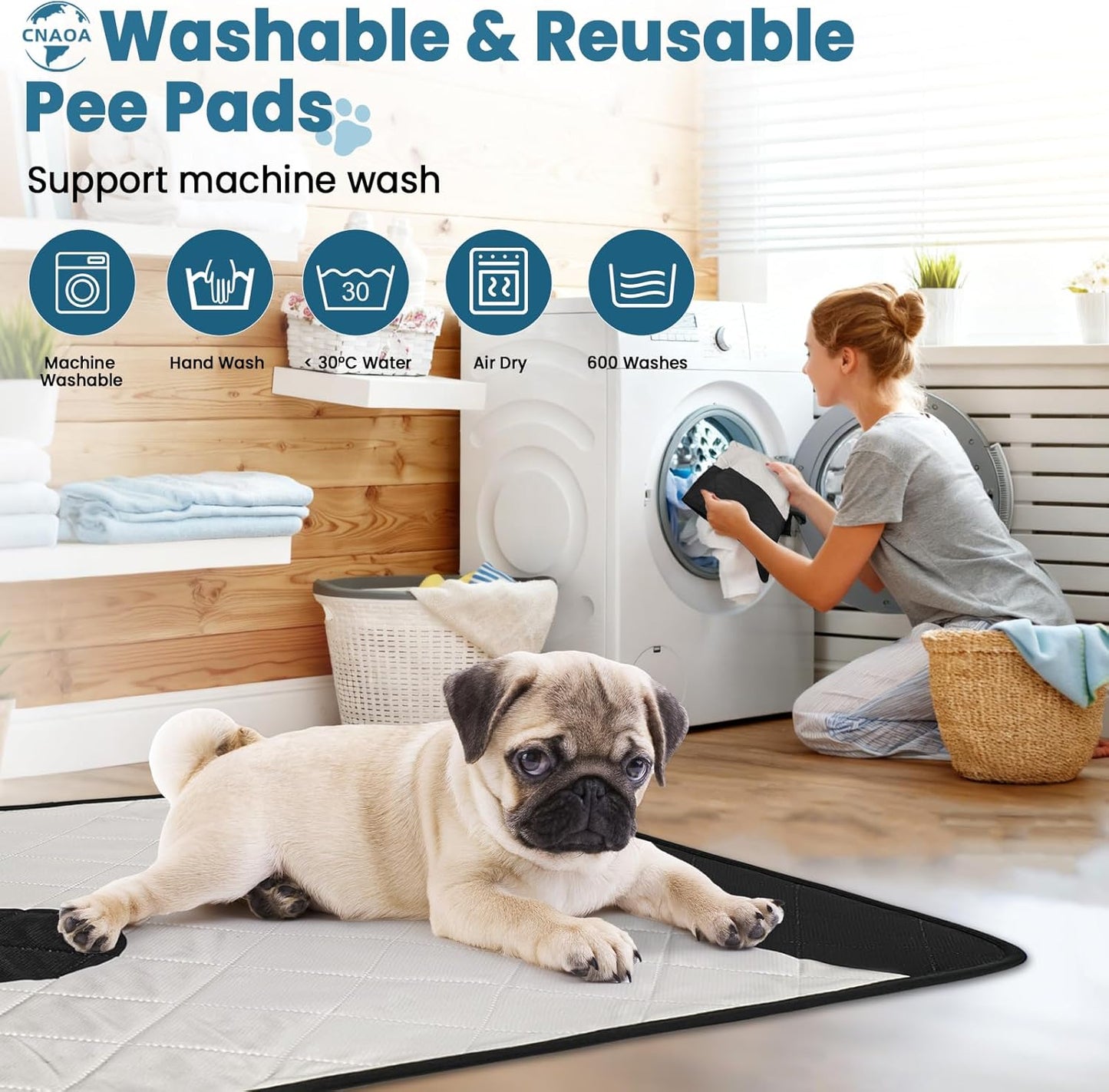 Washable Pee Pads for Dogs 2 Pack 24x24 in - 5 Layer Reusable Puppy Pads, Super Absorbent, Waterproof, Leak Proof Non-Slip Training and Whelping Pet Pee Pads for Crate, Playpen, Potty