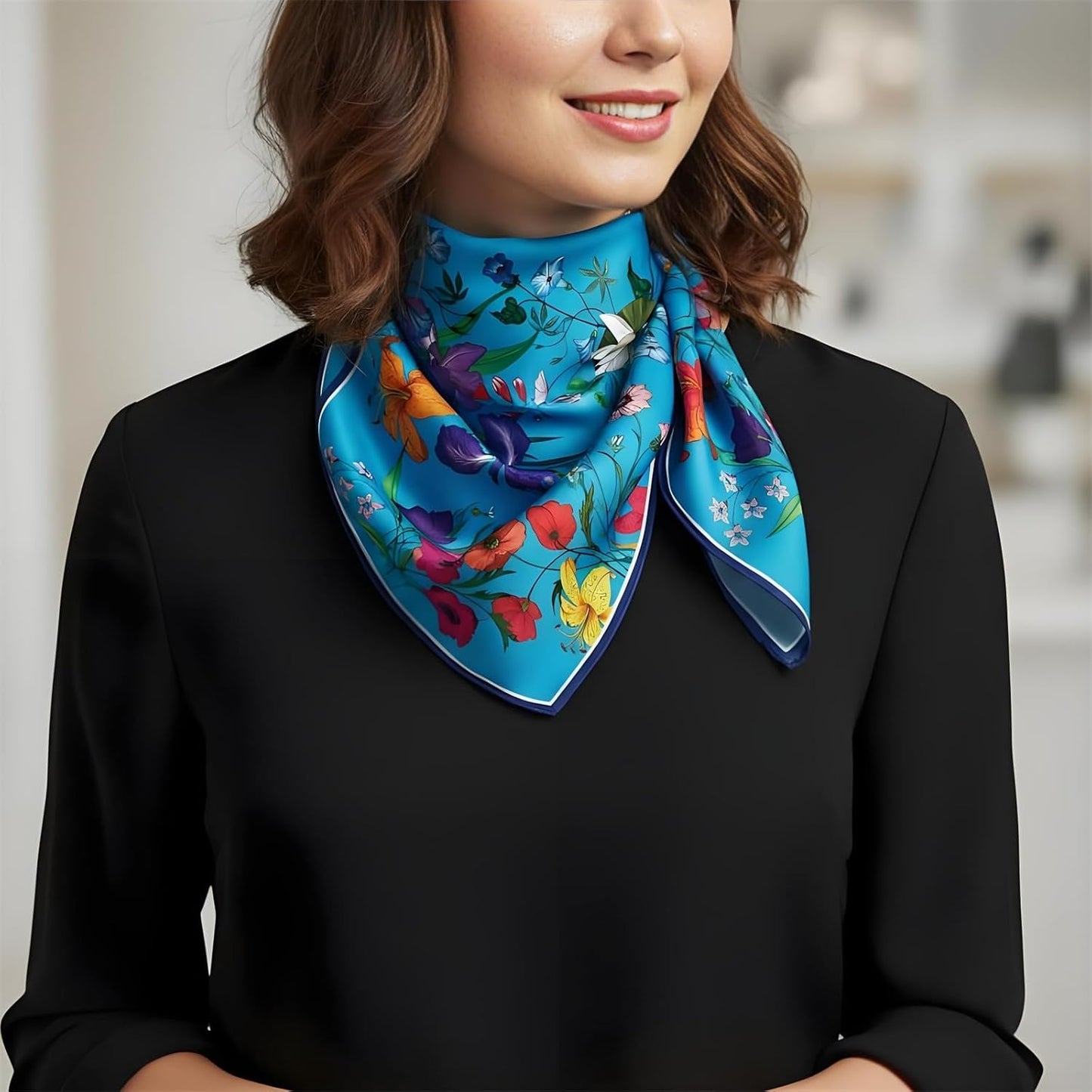 Premium Floral Scarf for Women 35x35 Square Silk Feel-Lightweight Scarves Headscarf Bandanas Wrapping Handbag