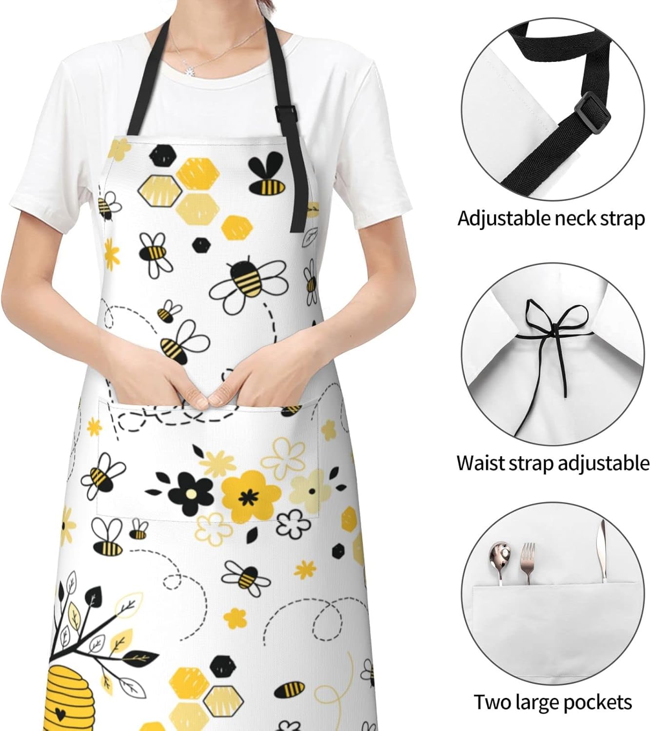 Bee Aprons for Women with 2 Pockets, Adjustable Waterproof Cute Kitchen Apron for Cooking Baking Dishwashing, BBQ, Gardening, Spring Easter Decor, Gifts for Mom Wife, Women