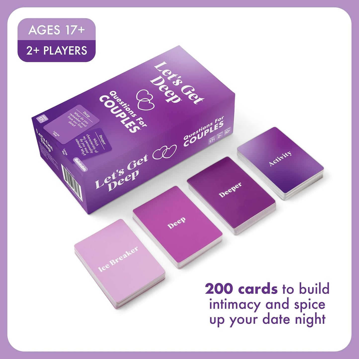 Let's Get Deep by Relatable, A Question Card Game for Couples, Great for Date Night Ideas, Couples Gifts, Wedding Gifts, and Long Distance Relationship Gifts, Includes 200 Cards to Build Up Intimacy