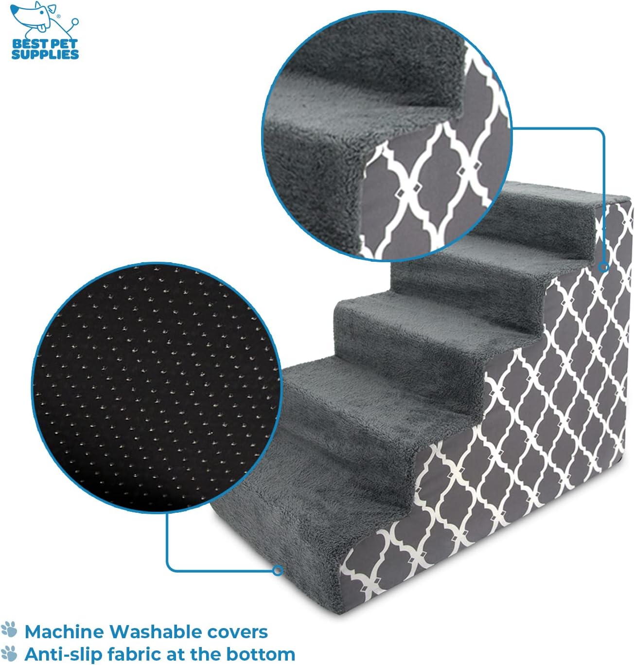Best Pet Supplies Foam Pet Steps Cover for Small Dogs and Cats, Portable Ramp Stairs for Couch, Sofa, and High Bed Climbing (Cover Only) - Gray Lattice, 5-Step (Cover Only)