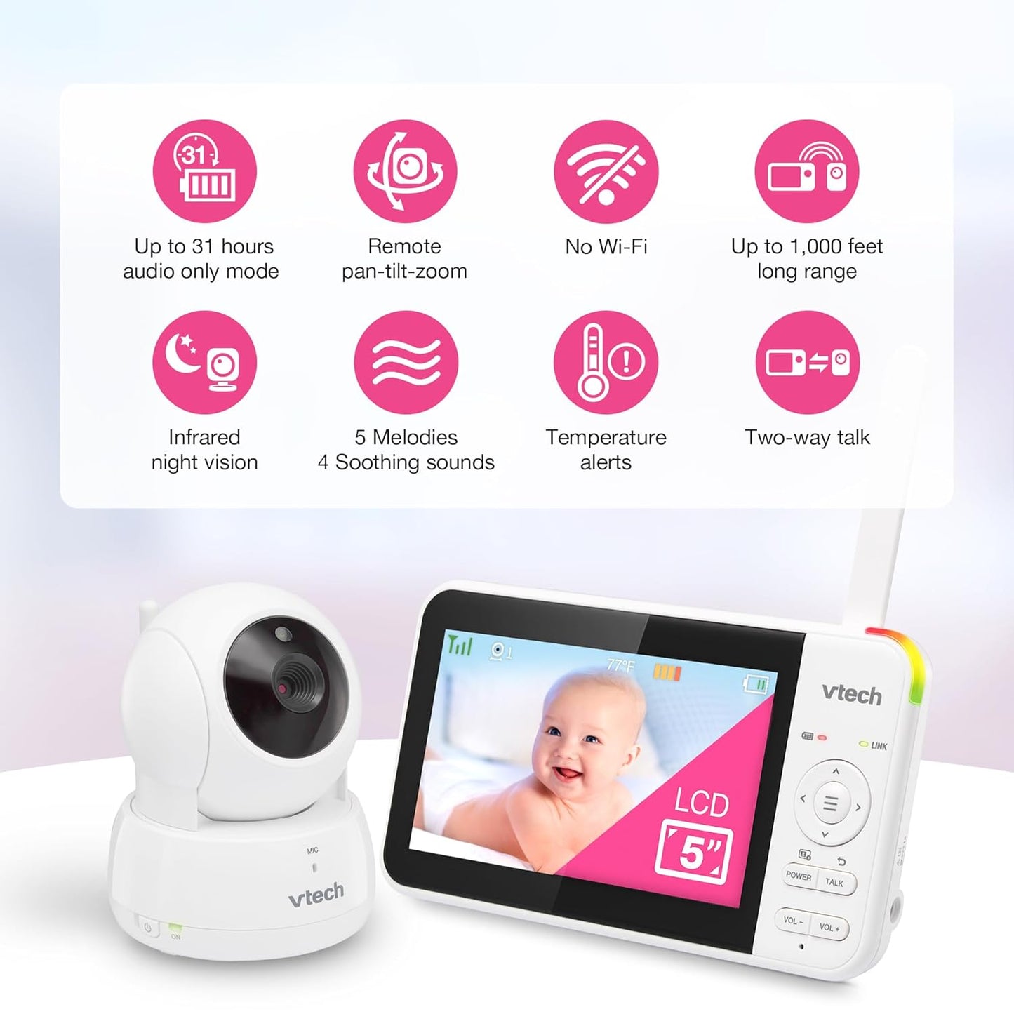 VTech VM924 No WiFi Remote Pan-Tilt-Zoom Video Baby Monitor - 5" LCD Screen, Up to 17Hrs Video/31Hrs Audio Battery, 1000ft Range, Night Vision, Soothing Sounds, Temperature Sensor
