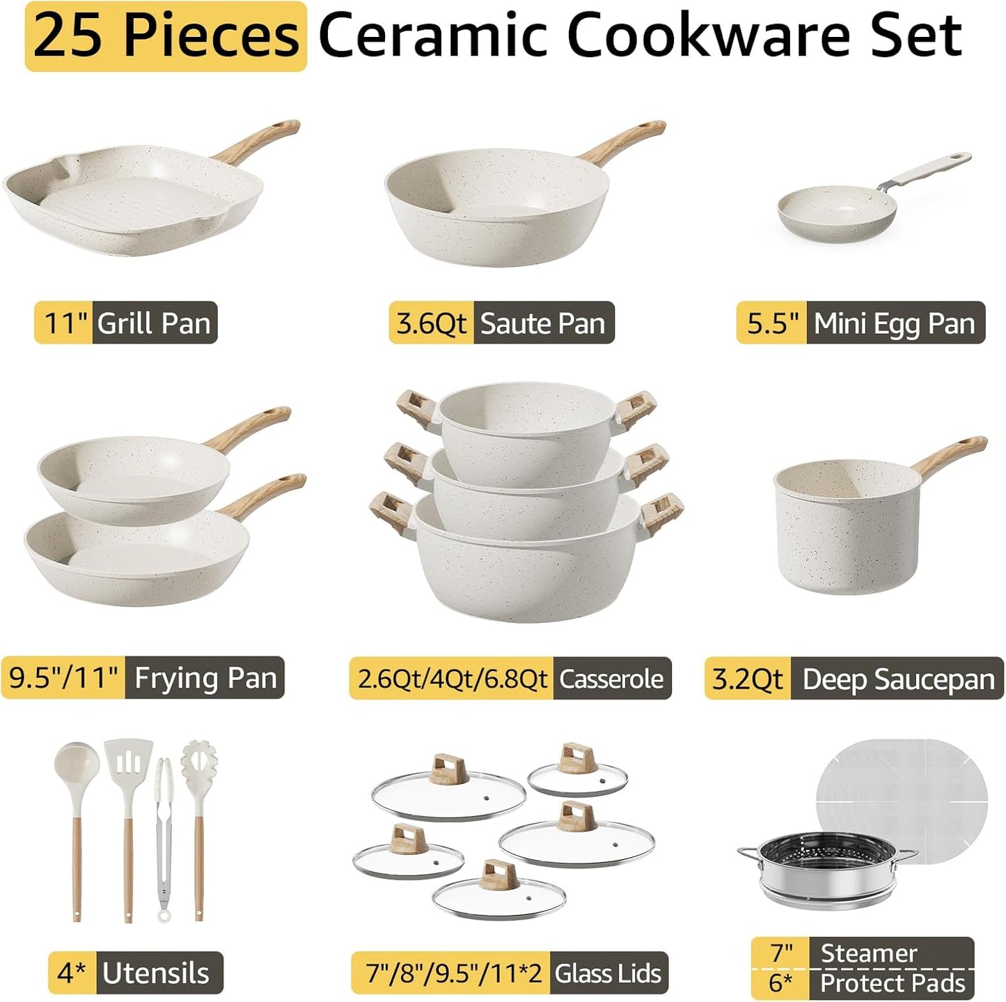 25Pcs Pots and Pans Set Non Stick, Ceramic Cookware with Titanium-Reinforced Nonstick Coating, PFAS-Free & Induction Ready, Long-Lasting Performance, Full Kitchen Set with 3 Casseroles