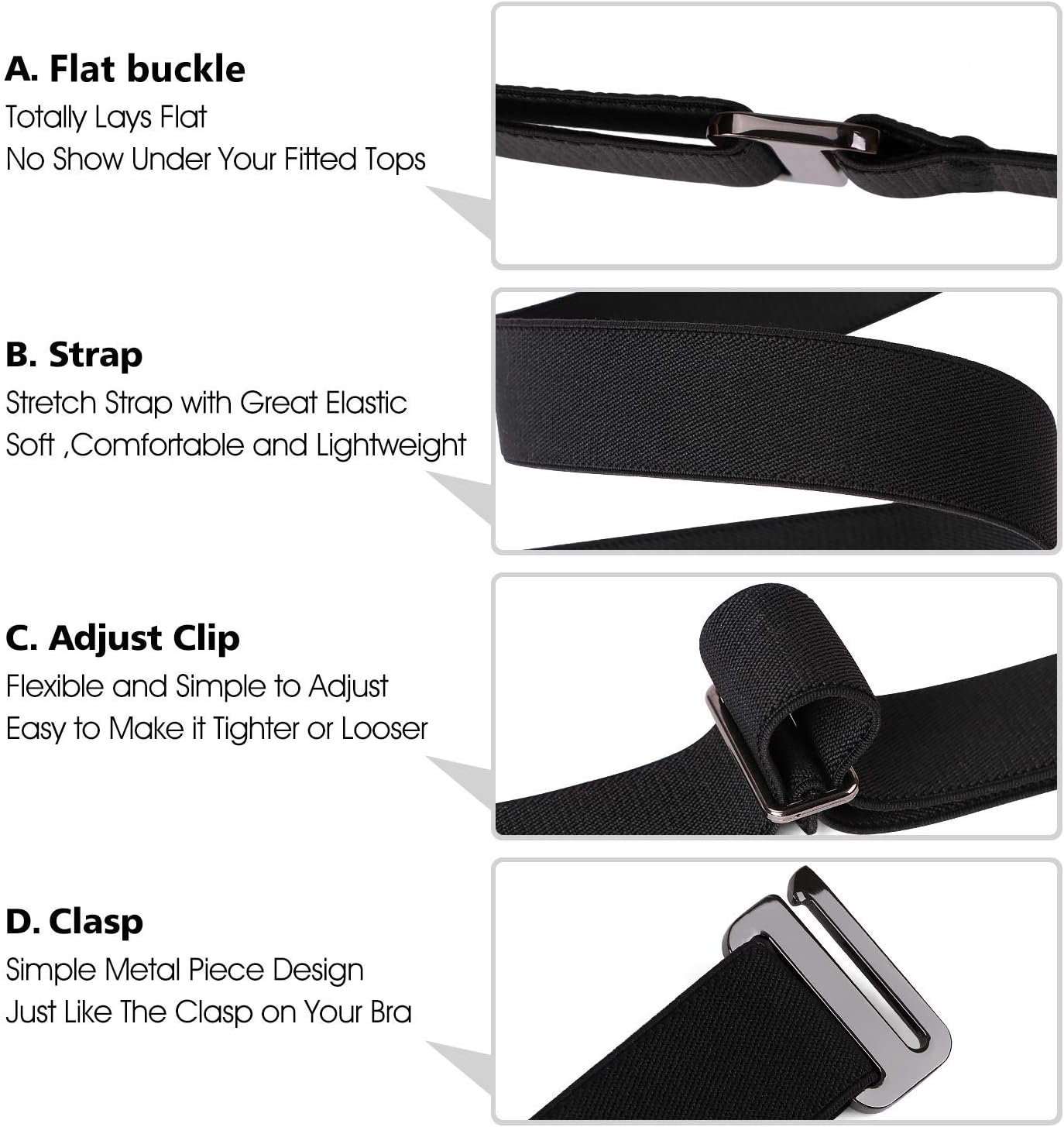 JASGOOD Women No Show Stretch Belt Elastic Web Strap Belt with Flat Buckle for Jeans Pants Dresses
