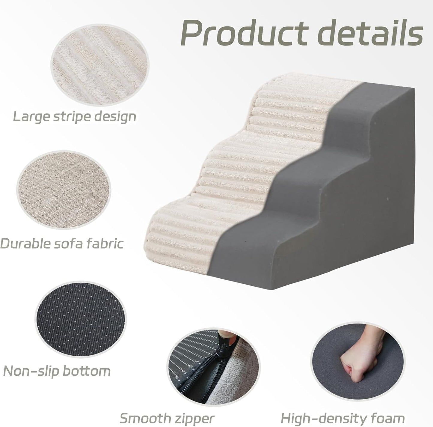 Dog Stairs for Small Dogs & Cats 15.7" H, High Density Foam Dog Steps Ramp for Couch Sofa and Chair, Pet Stairs with Non-Slip Bottom and Remove Washable Cover, 3-Step Pet Steps, Beige