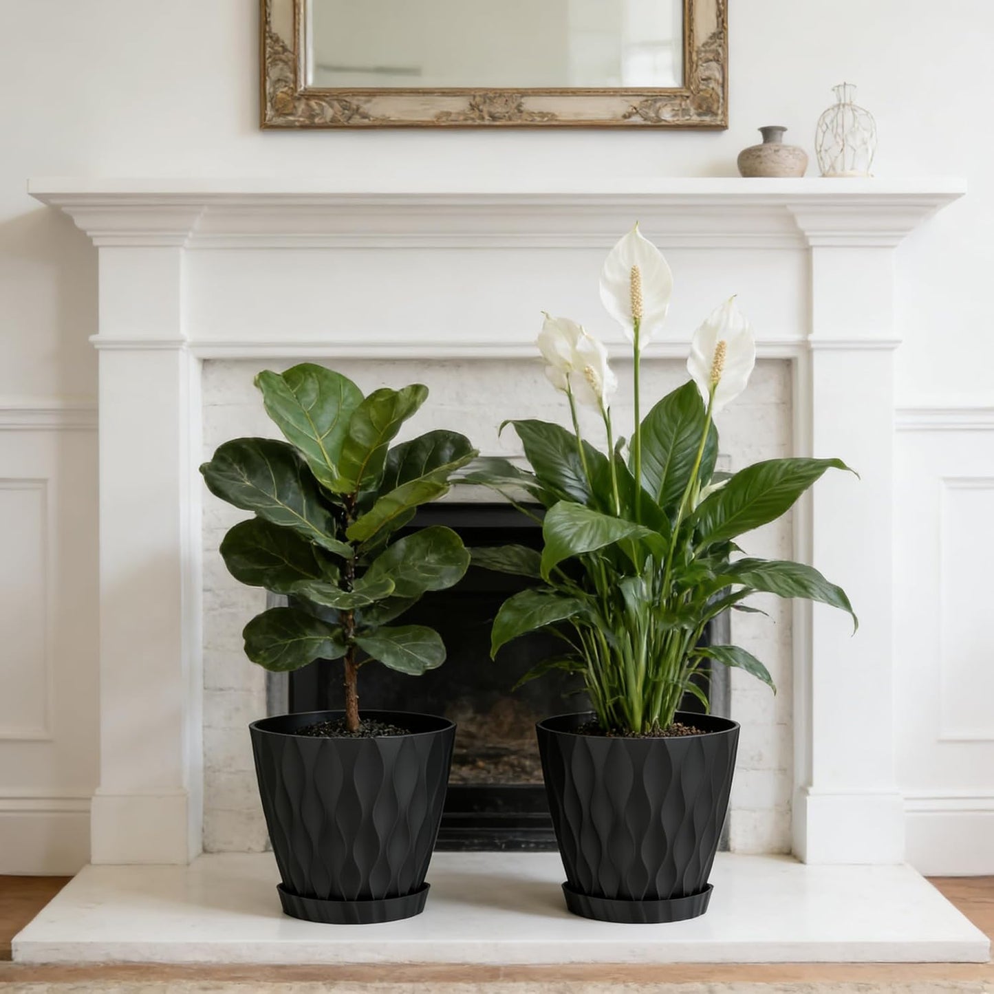8 Inch Plant Pots, 2 Pack Plastic Planters for Indoor Outdoor with Drainage Holes & Saucers, Waffle Texture Flower Pots for Indoor Plants, Indoor Plant Pots for Monstera, Fiddle Leaf Fig, Black
