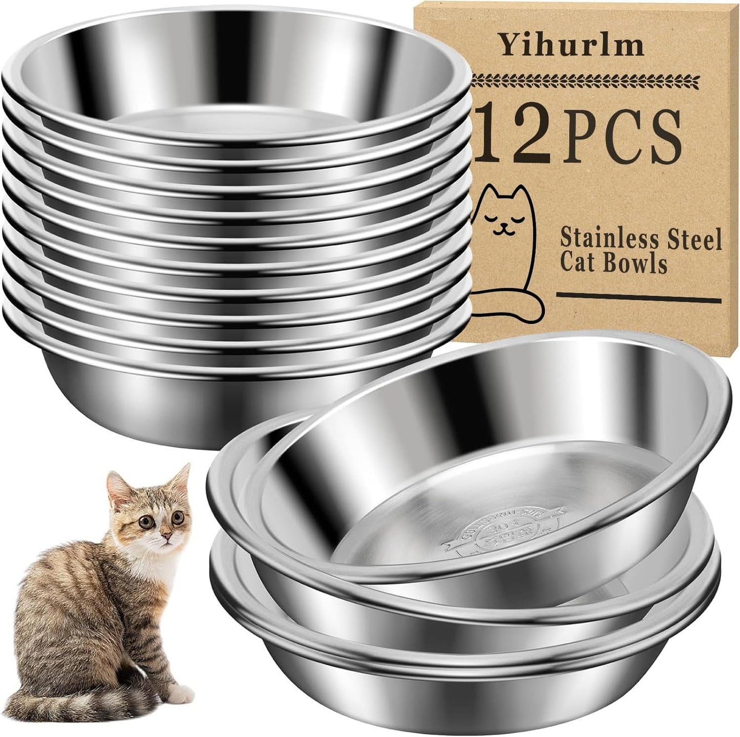 12pcs Metal Cat Bowls, 5.5in Stainless Steel, Shallow Wide Food Dishes, Relief Pet Bowls for Elevated Stand, Dishwasher Safe