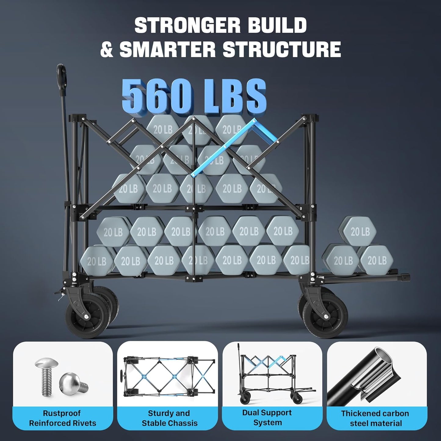 Homebetta 52" Heavy Duty Double-Layer Wagon with Brakes,560LBS Double Decker Wagon,650L Collapsible Wagons Carts with All-Terrain Big Wheels for Sports,Camping,Fishing,Transport
