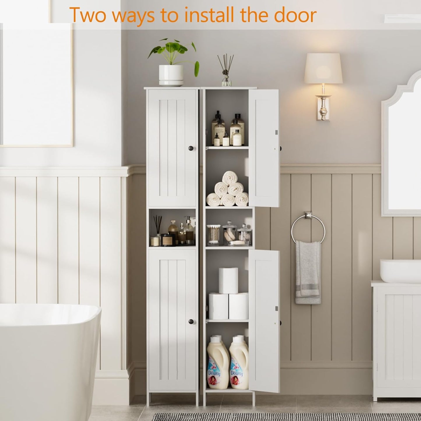 Tall Bathroom Storage Cabinet with 2 Doors, 67"H Narrow Storage Cabinet with Adjustable Shelves& Anti-Tip Design, Reversible Door Installation, Easy Assembly, 11.8 x 11.8 x 66.9 Inches, White