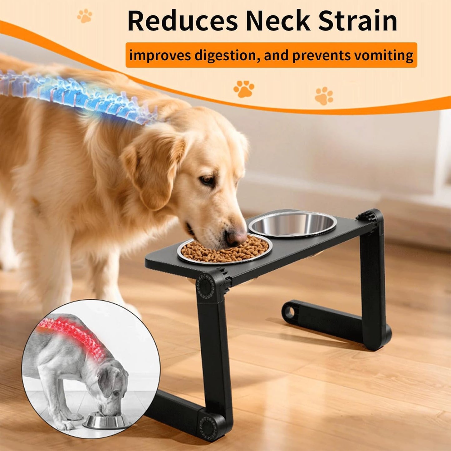 Adjustable Height & Angle Elevated Cat Bowls and Small Raised Dog Bowl with 2 Removable Stainless Steel Bowls - Foldable Raised Feeding Station 15°Tilted Raised for Neck Relief(16.7" x 9"