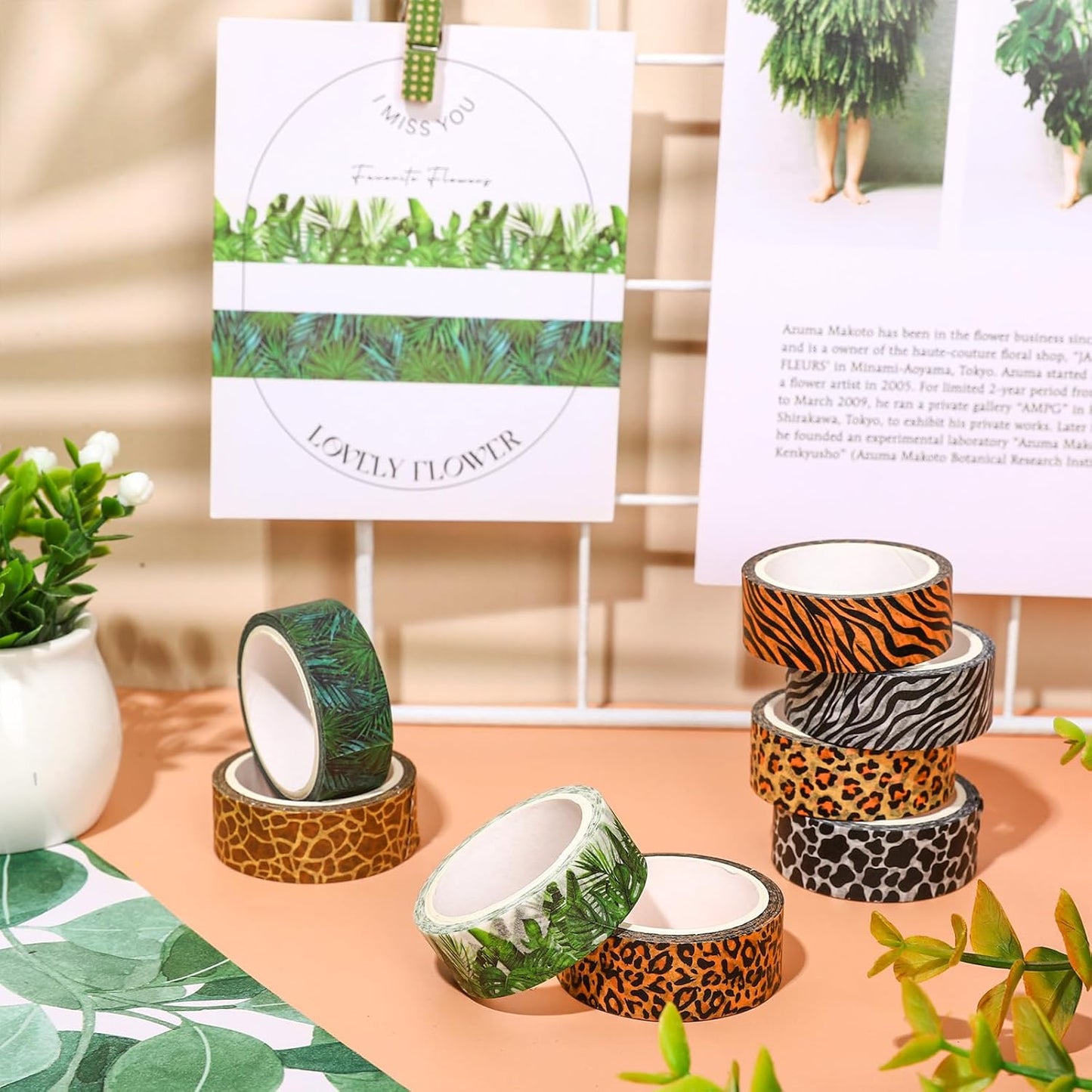Whaline 8 Rolls Animal Prints Washi Tape Safari Decorative Masking Tape Set Leopard Zebra Tiger Giraffe Greenery Wrapping Paper Tape for Scrapbook Journal DIY Art Crafts