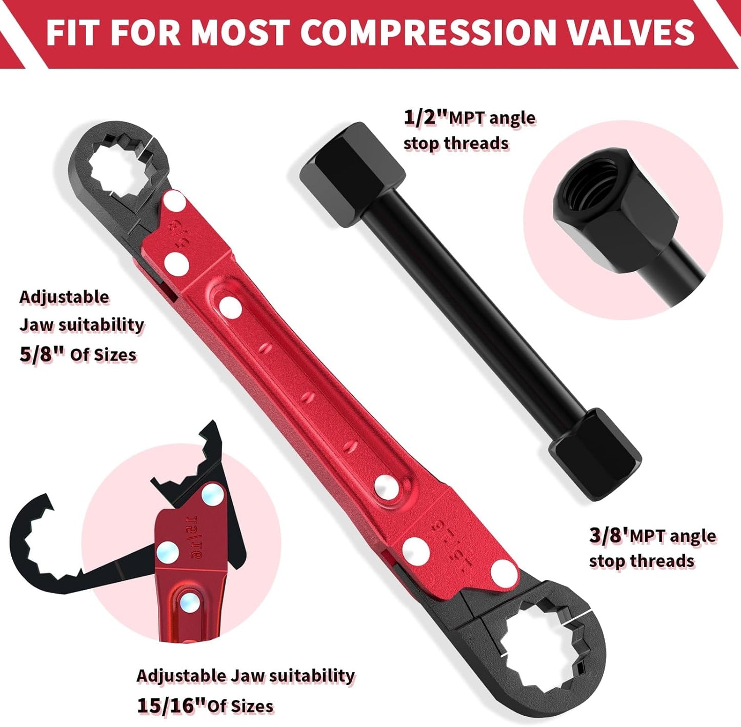 Plumbing Tools - Angle Stop Wrench & Angle-On Kit - Professional Plumbers Wrench for Installing New Compression Angle Stop & Removing Compression Ring - 4-Way Utility Key Included