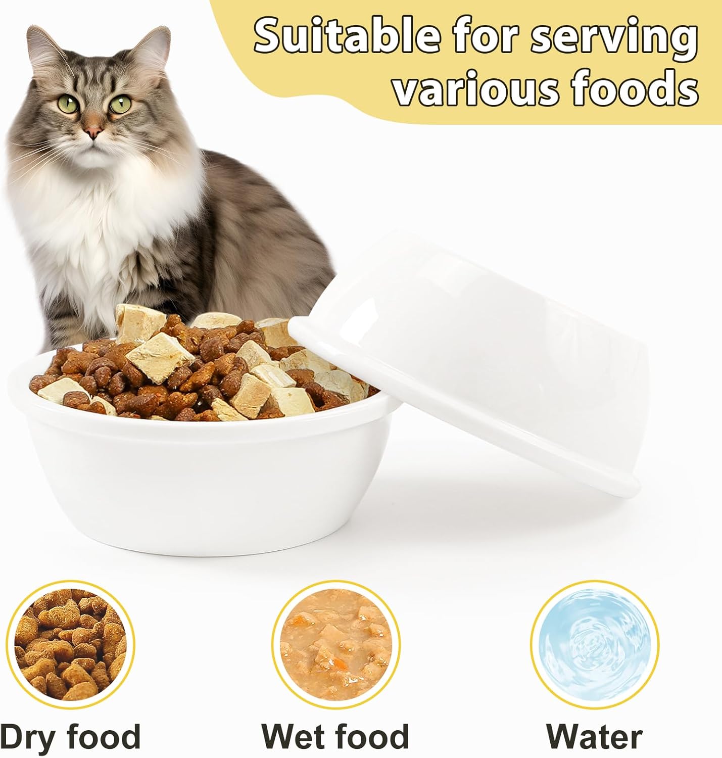 Sunhoo 2PCS Cat Bowls Ceramic Replacement Bowl 360ml Kitten Food and Water Bowl for Indoor Cats Puppy Dishes Small Pet Feeding Dish for Rabbit & Guinea Pig Dishwasher & Microwaveable Safe(White)