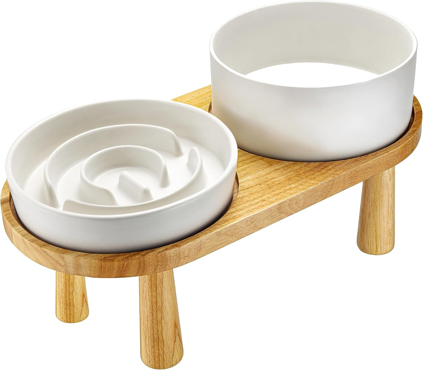 Ceramic Slow Feeder and Water Bowl Set for Small Dogs, 6.0 Inch Ceramic Dog Bowls Elevated with Wooden Stand, 0.6 Cups Dog Slow Feeder(14oz) and 30oz Water Bowl Set, White