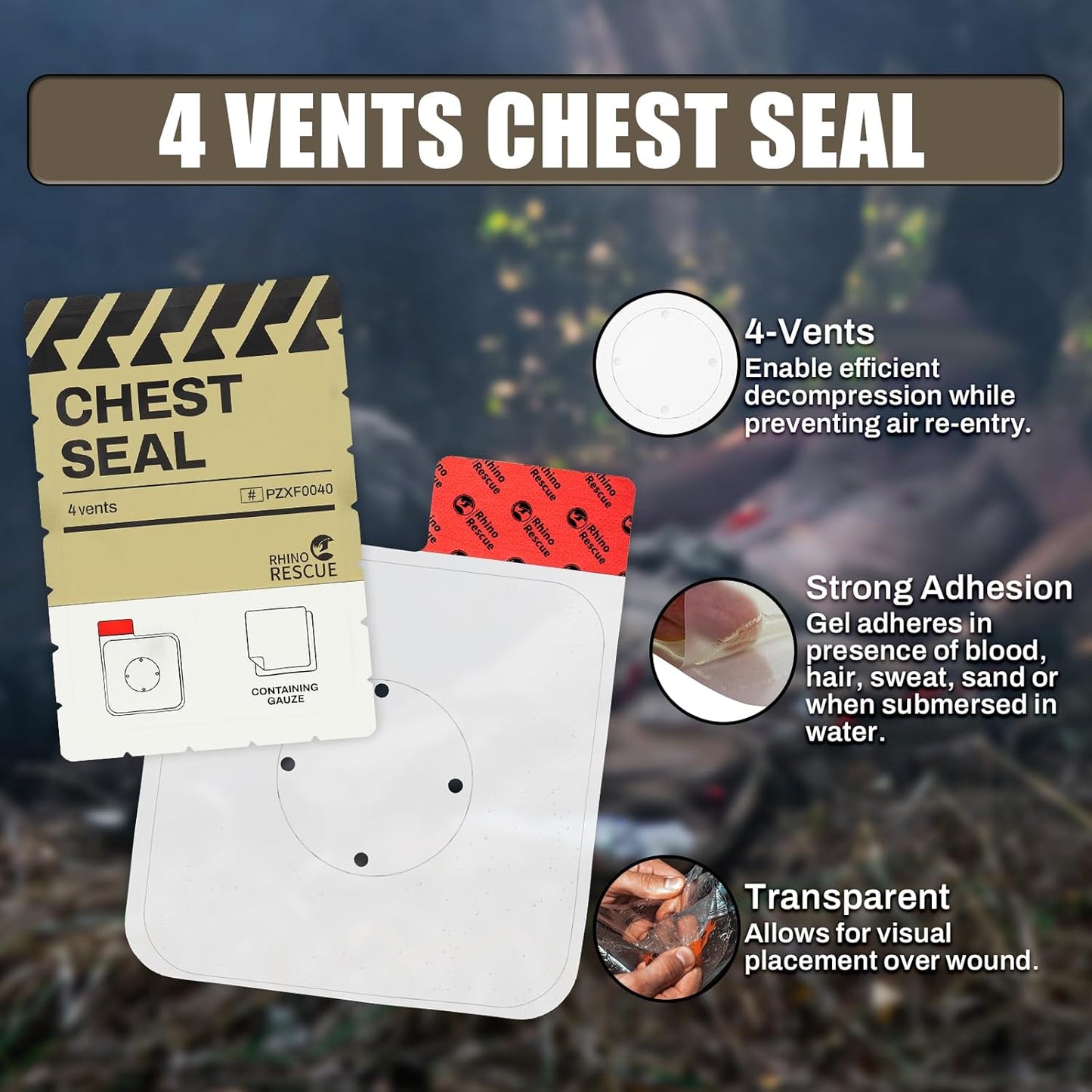 RHINO RESCUE Vented Chest Seal, 4 Vents, Sterile Emergency Trauma Dressing, Occlusive Adhesive Pad, IFAK Trauma Refill Medical First Aid Supplies for Wound Care, Gunshot Wound, Sucking Chest(2 Count)