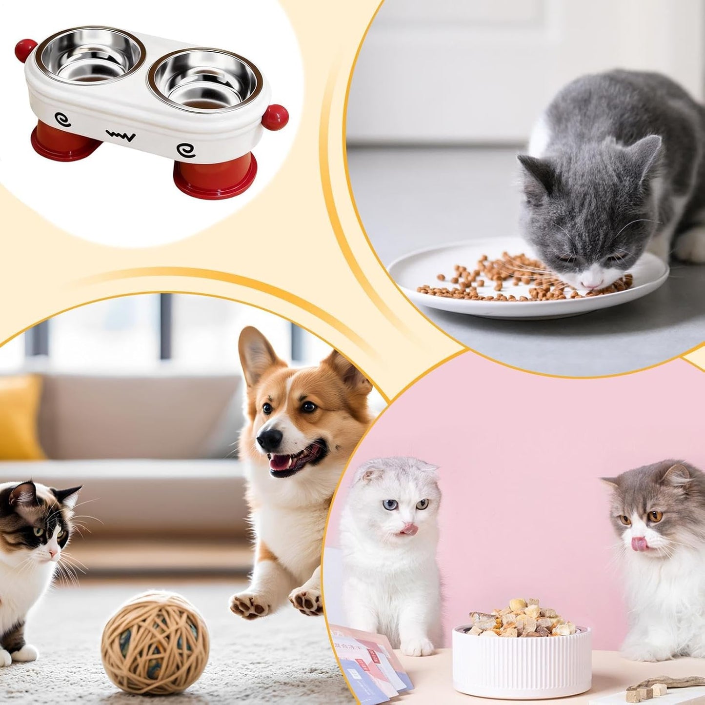 Elevated Dog Bowls, 2 in 1 Anti Slip Feeder, Tilted Pet Dish with Stand, Stainless Steel Feeding Bowl, Pet Feeder with Adjustable Height, Dog Bowl for Puppy Cat Kitten Small Pets Indoor Outdoor
