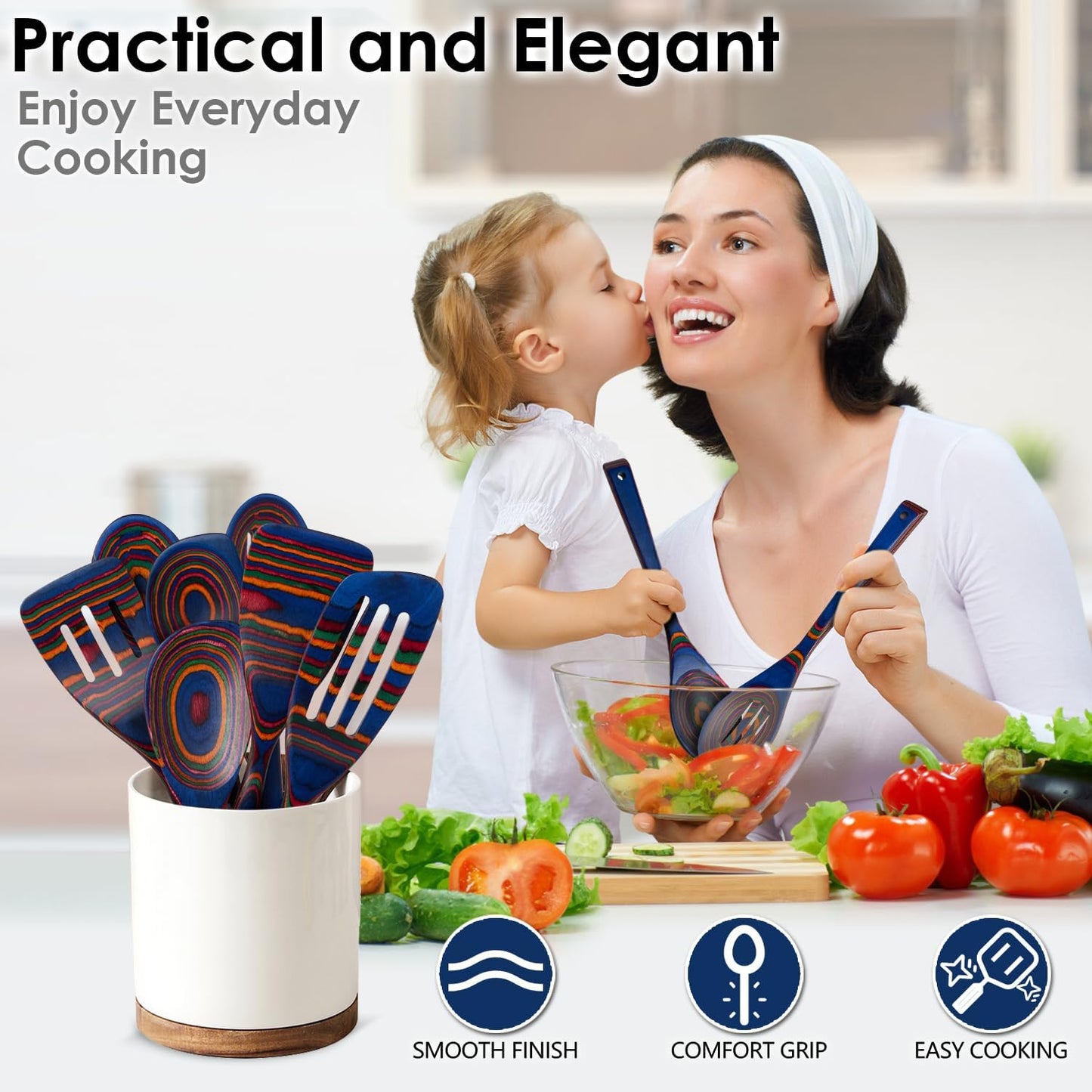 Wooden Spoons for Cooking, Pakkawood Kitchen Utensil Set Spectrum Color, Premium Durable Wooden Utensils for Nonstick Cookware, Heat Resistant, Smooth Finish, Comfortable Grip, 7 Piece