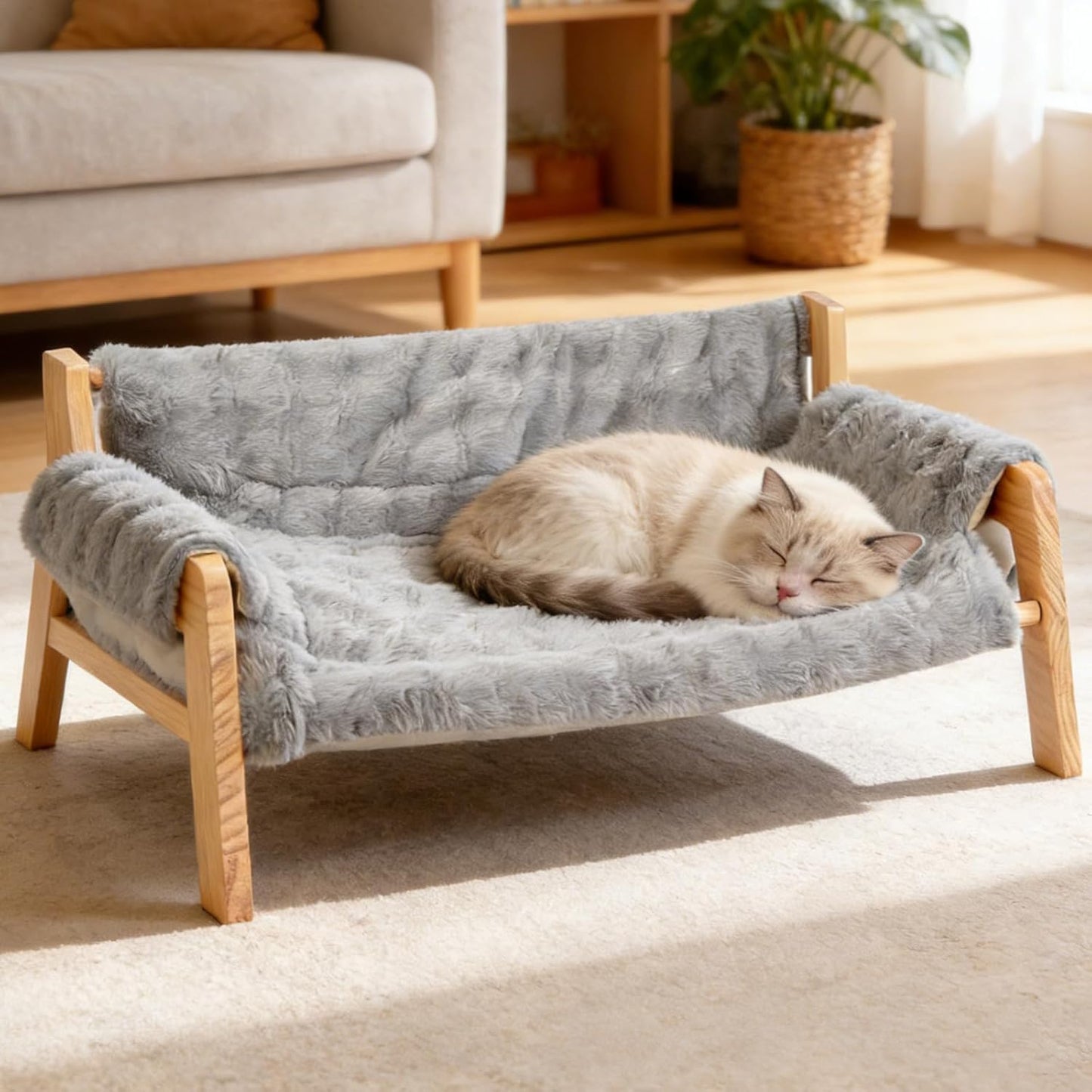 Elevated Cat Couch Bed for Indoor Cats, Large Cat Sofa Bed with Removable Fluffy Cover Wooden Raised Dog Bed, Washable Pet Dog Chair for Kitten Puppy Small Animals, 27”x18.6”x11.8”