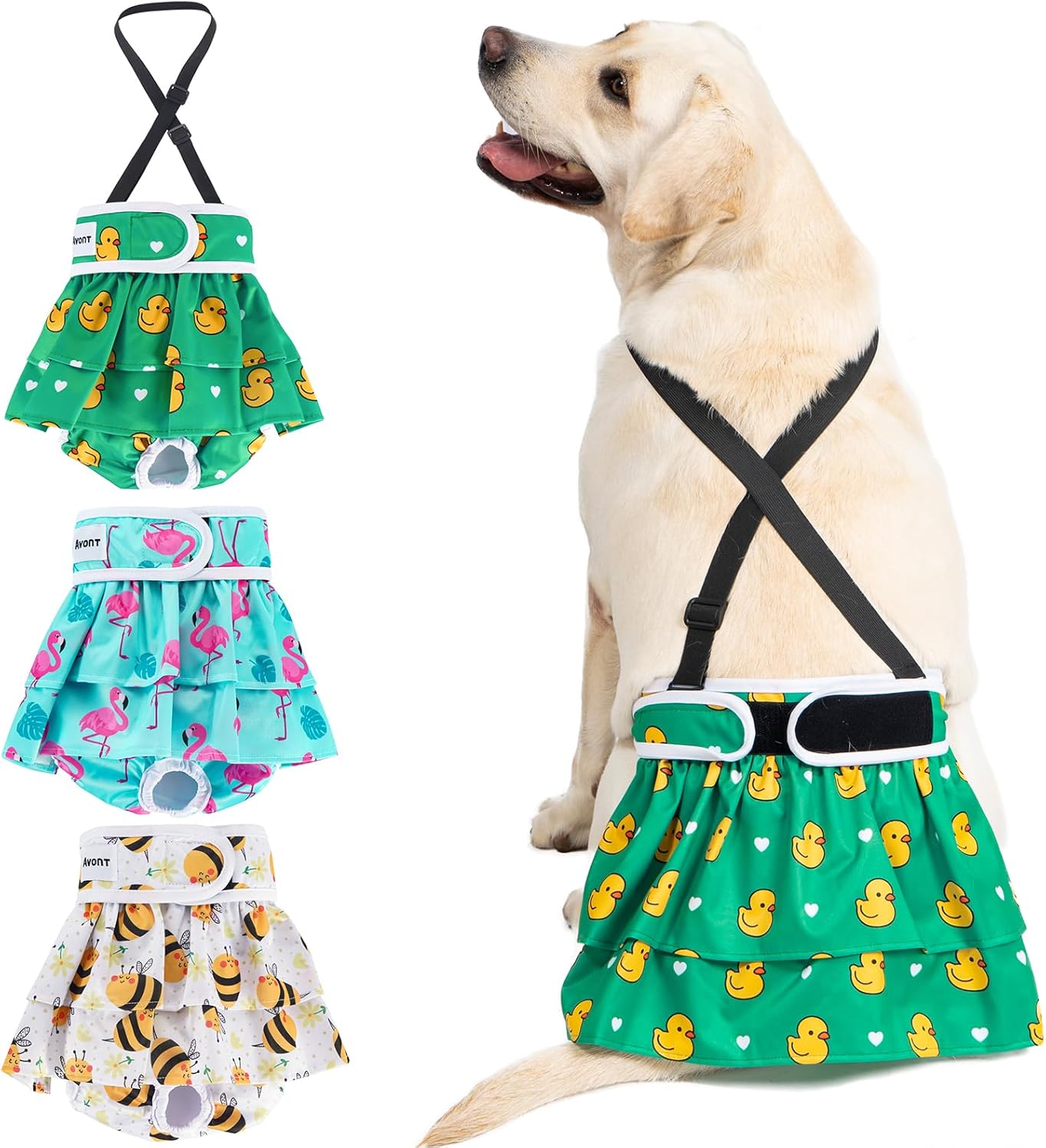 Avont 3 Pack Washable Female Dog Diaper with 1 Suspender, Reusable Girl Doggie Underwear Pants for Heat Cycle Period Incontinence Detachable Strap -Animal Pattern XL