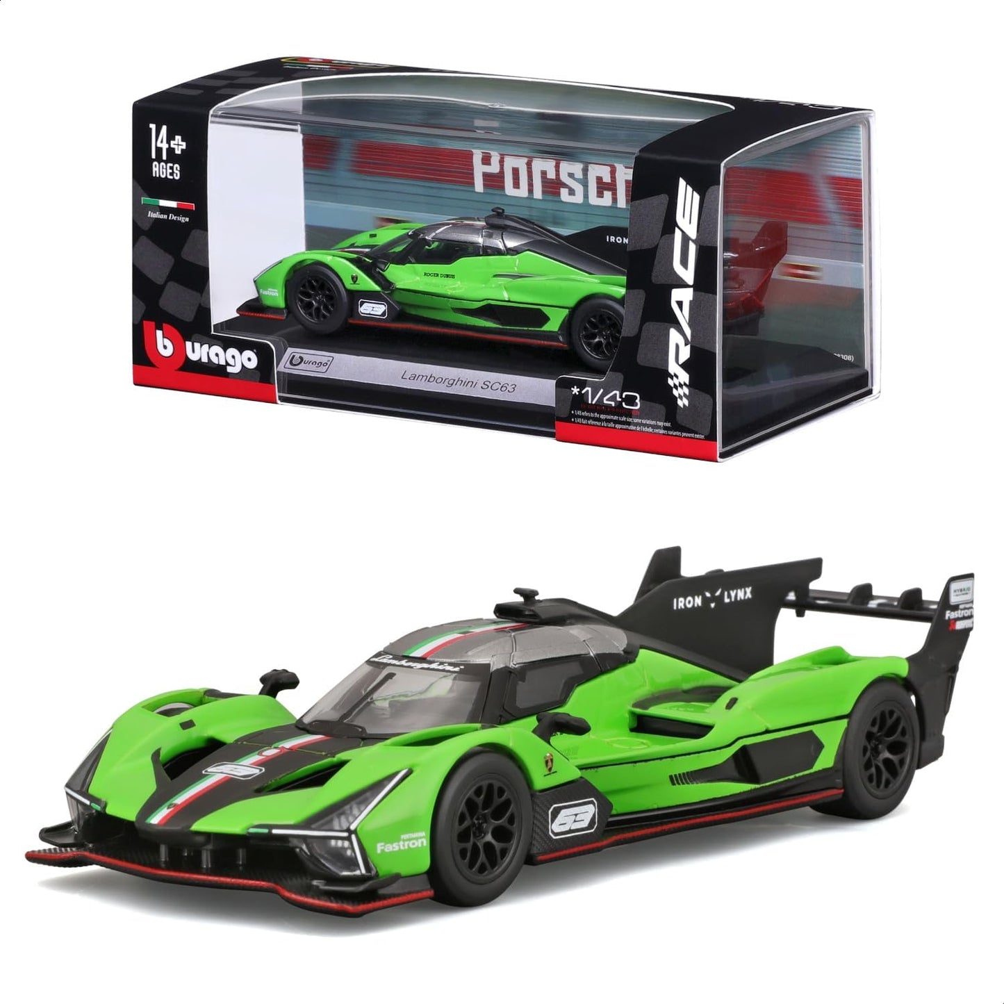 Bburago 1/43 Lamborghini SC63 LMDh Le Mans 24 Hour Endurance Race, Green Sports Car, Diecast Car, 18-38315