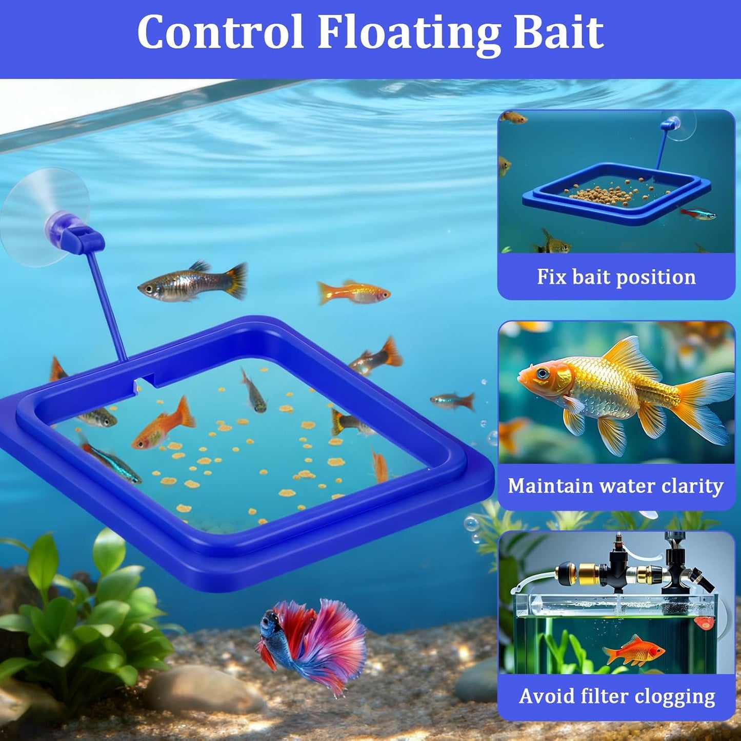 2Pcs Floating Fish Feeder, Fish Feeding Ring for Aquarium, Betta Fishes Tank Accessories Blue Turtle Feeding Ring with Suction Cup, Square & Round Floating Food Feeder for Betta, Goldfish, Turtle