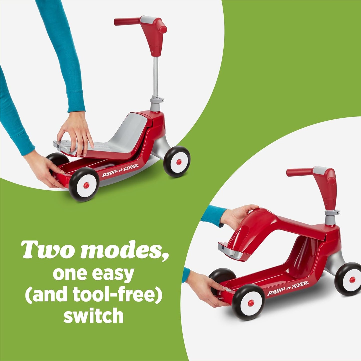 Radio Flyer Scoot 2 Scooter, Blue/Red/Pink, for Kids Ages 1-4, Ride On Toy or 4-Wheel Kids Scooter, Durable Wheels and Frame, Converts Easily with Flip Deck, Toddler Ride On Toys (Amazon Exclusive)