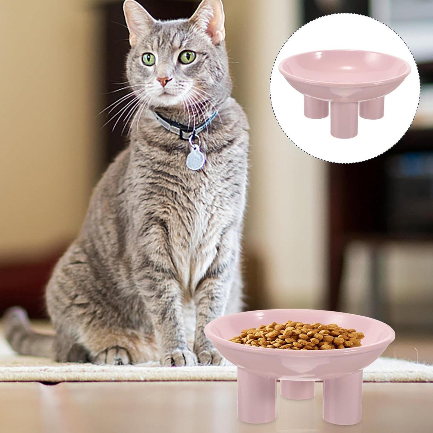 Elevated Cat Bowl and Raised Pet Food Dish, Ergonomic Wide Opening Tilted Plastic Feeder, Three-Leg Stand for Neck Support, Pink Raised Feeding Bowl for Cats and Dogs