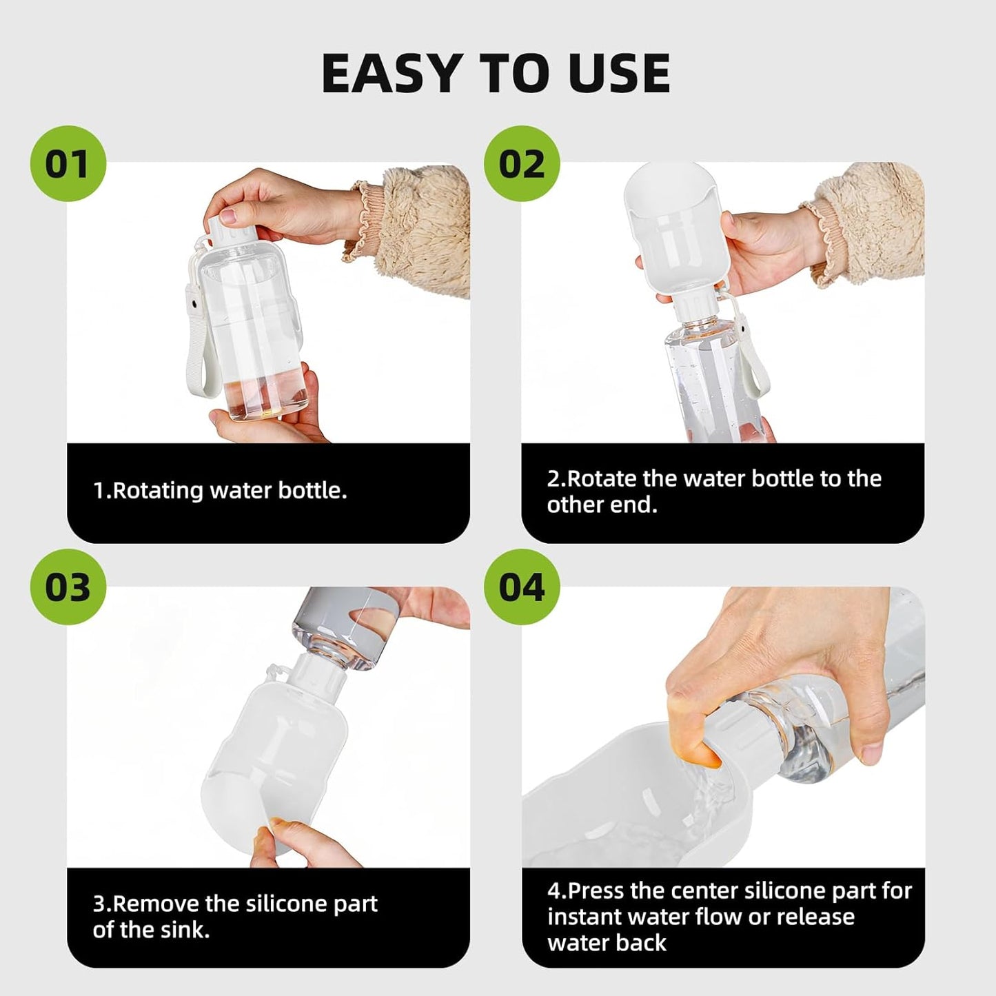 Dog Water Bottle, Leakproof Portable Water Bottle for Dogs, Dog Travel Water Bottles with Convenient Bottles Strap, Dog Travel Accessories for Walking, Hiking, Outdoor, Camping (17oz White)