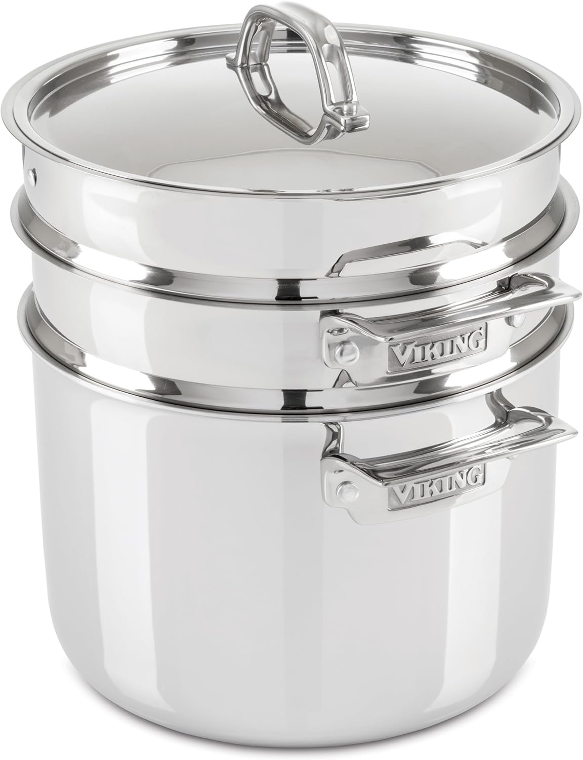 Viking 3-Ply Stainless Steel Pasta Pot with Lid, 8 Quart, 4 Piece Multipot Kitchen Cookware, Includes Pasta Insert and Steamer Basket, Dishwasher and Oven Safe, Induction Ready, Silver