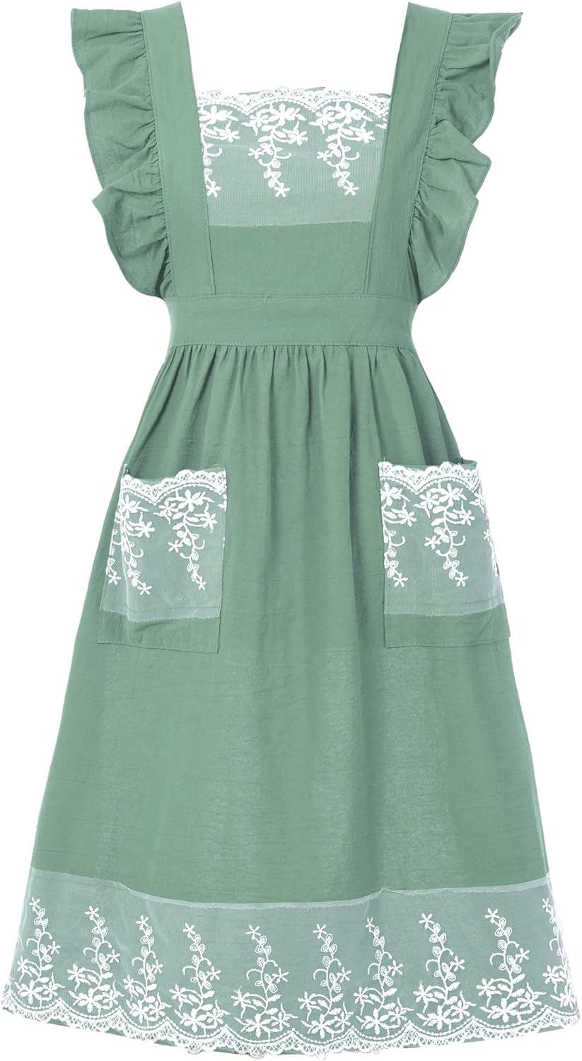 Vintage Aprons for Women with Pockets Cute Lace Ruffle Adjustable Apron for Cooking Kitchen Baking Gardening