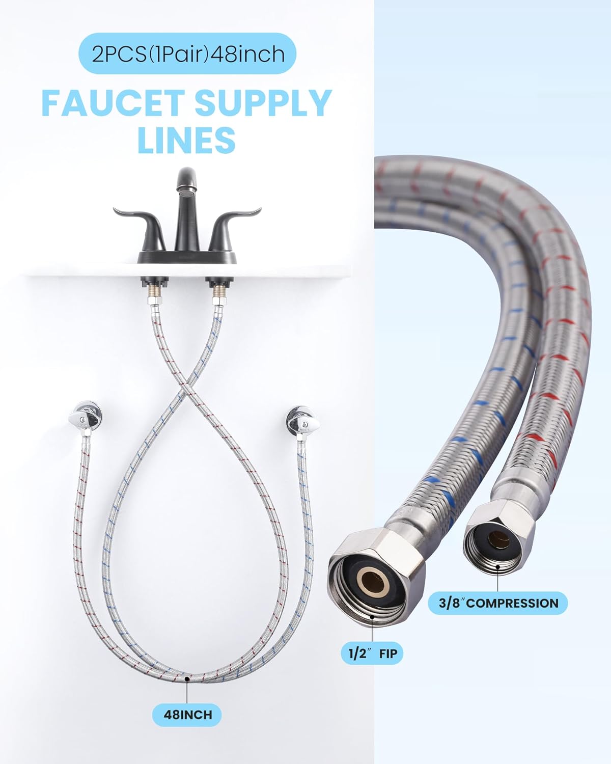 48-Inch Faucet Supply Lines: Braided Stainless Steel Flexible Faucet Hose Connector - 3/8" Compression x 1/2" FIP Water Supply Lines for Kitchen Bathroom Sink Hose Extension 2pcs