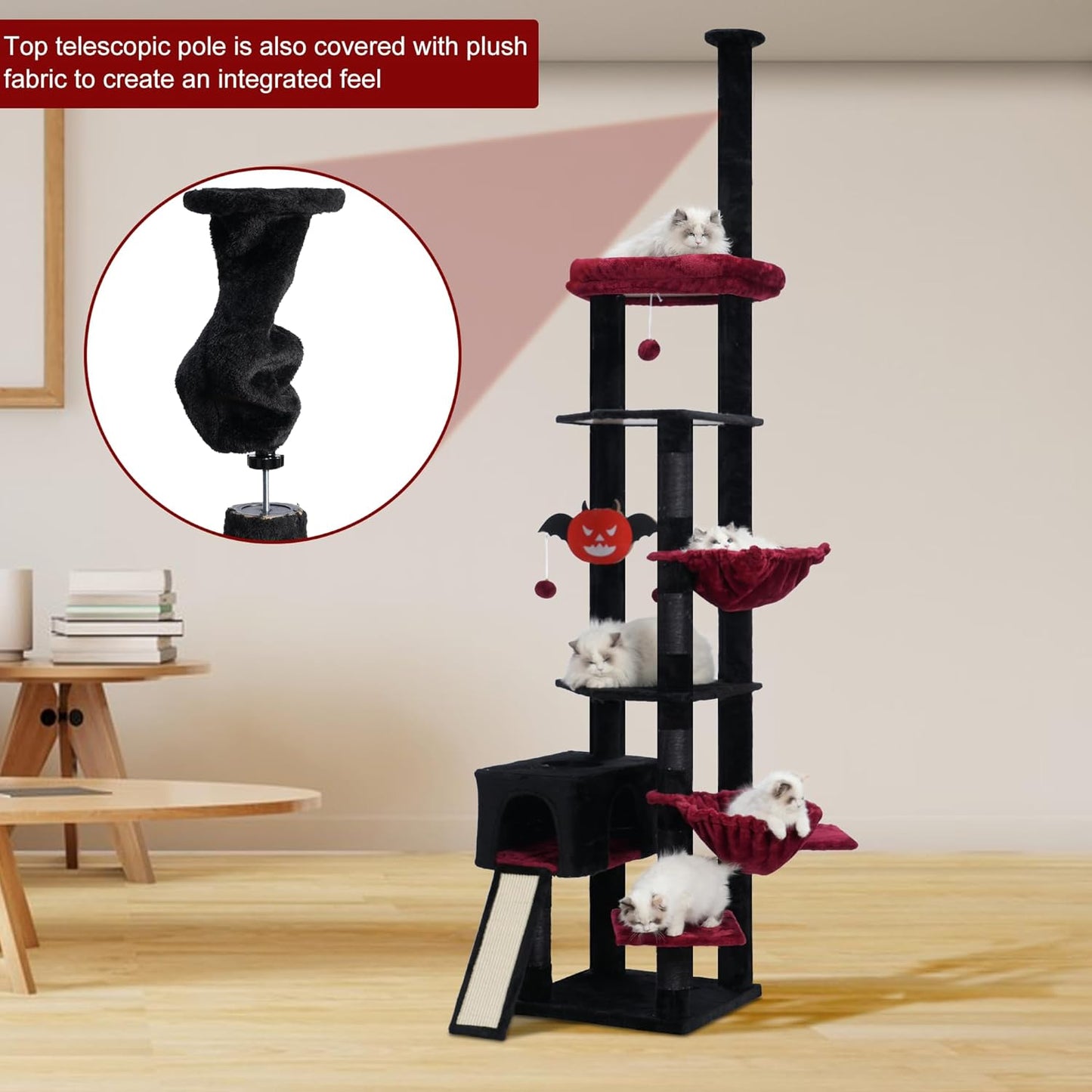 Heybly Cat Tree 92.5-104.3 Inches with Hammock, Floor to Ceiling Gothic Cat Condo, Tall Cat Climbing Tower Adjustable with Scratching Posts for Indoor Cats, Black and Red HCT091BR